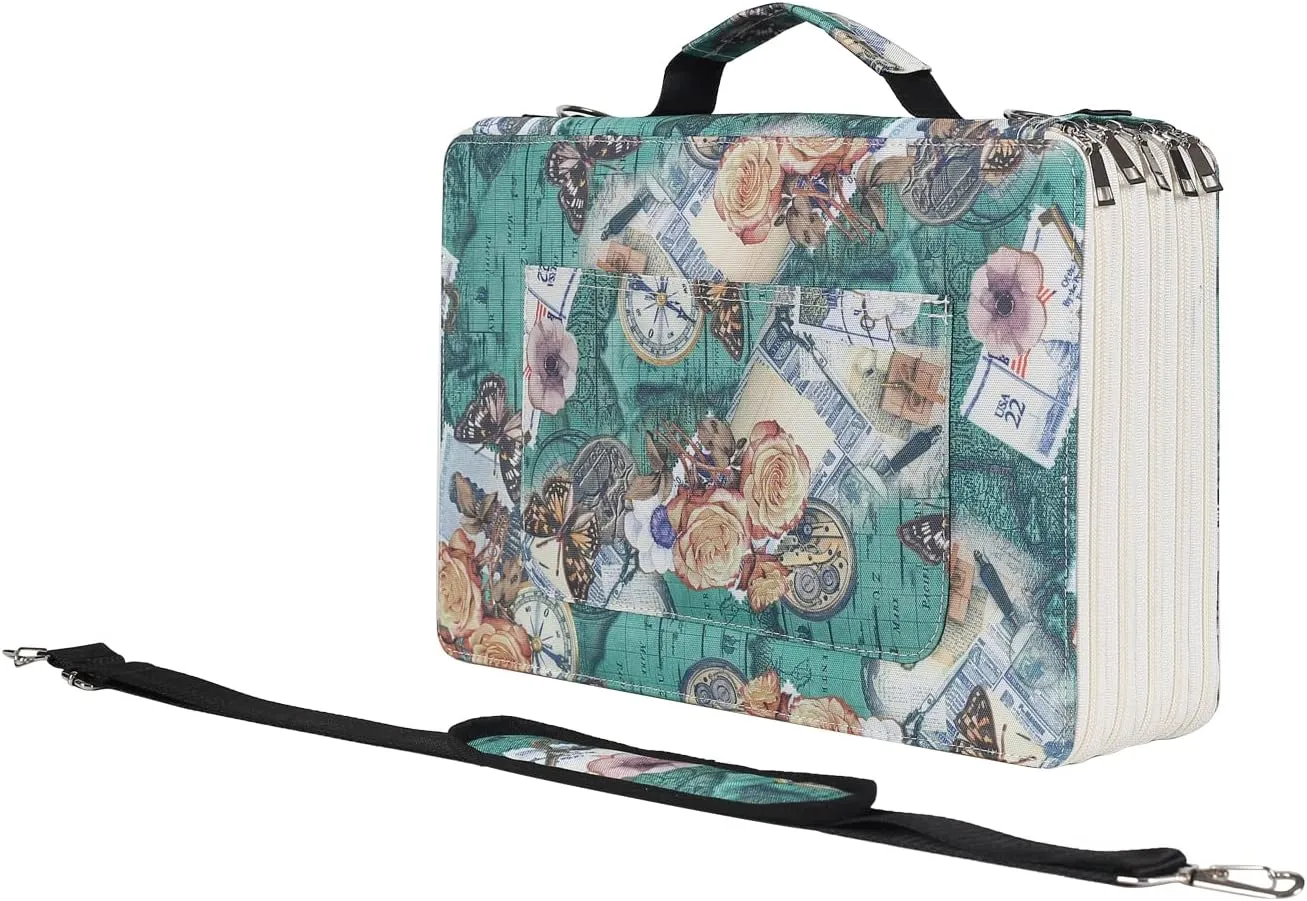 Shulaner Pencil Case Slot Holds 500 Colored Pencils or 340 Color Gel Pens with Zipper Closure Large Capacity Retro Style Element Pattern Pen Organizer Bag with Shoulder Strap (Green Compasses)