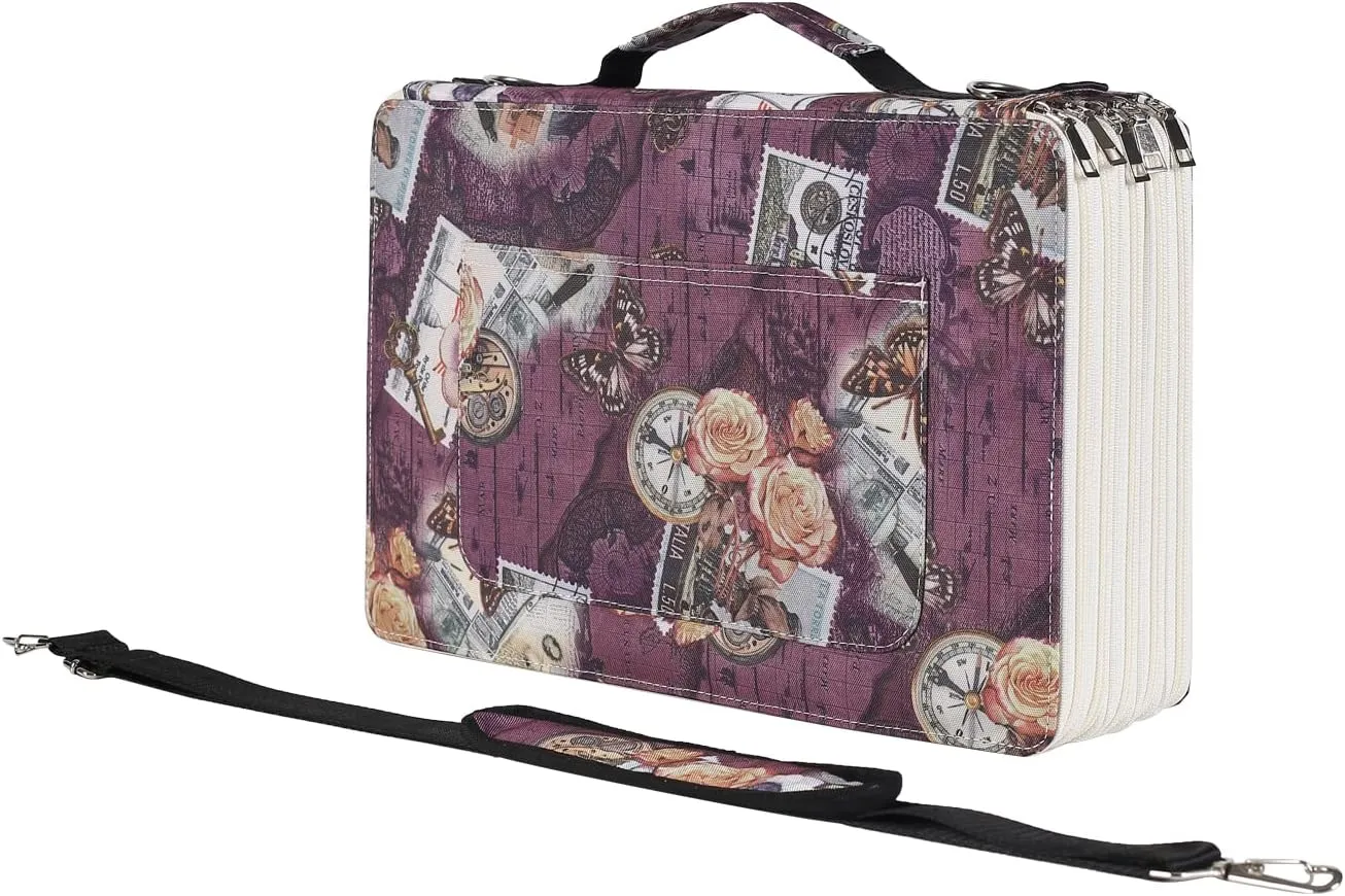 Shulaner Pencil Case Slot Holds 500 Colored Pencils or 340 Color Gel Pens with Zipper Closure Large Capacity Retro Style Element Pattern Pen Organizer Bag with Shoulder Strap (Purple - Compasses)