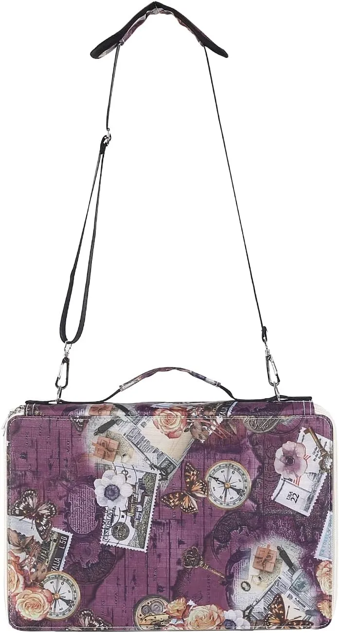 Shulaner Pencil Case Slot Holds 500 Colored Pencils or 340 Color Gel Pens with Zipper Closure Large Capacity Retro Style Element Pattern Pen Organizer Bag with Shoulder Strap (Purple - Compasses)