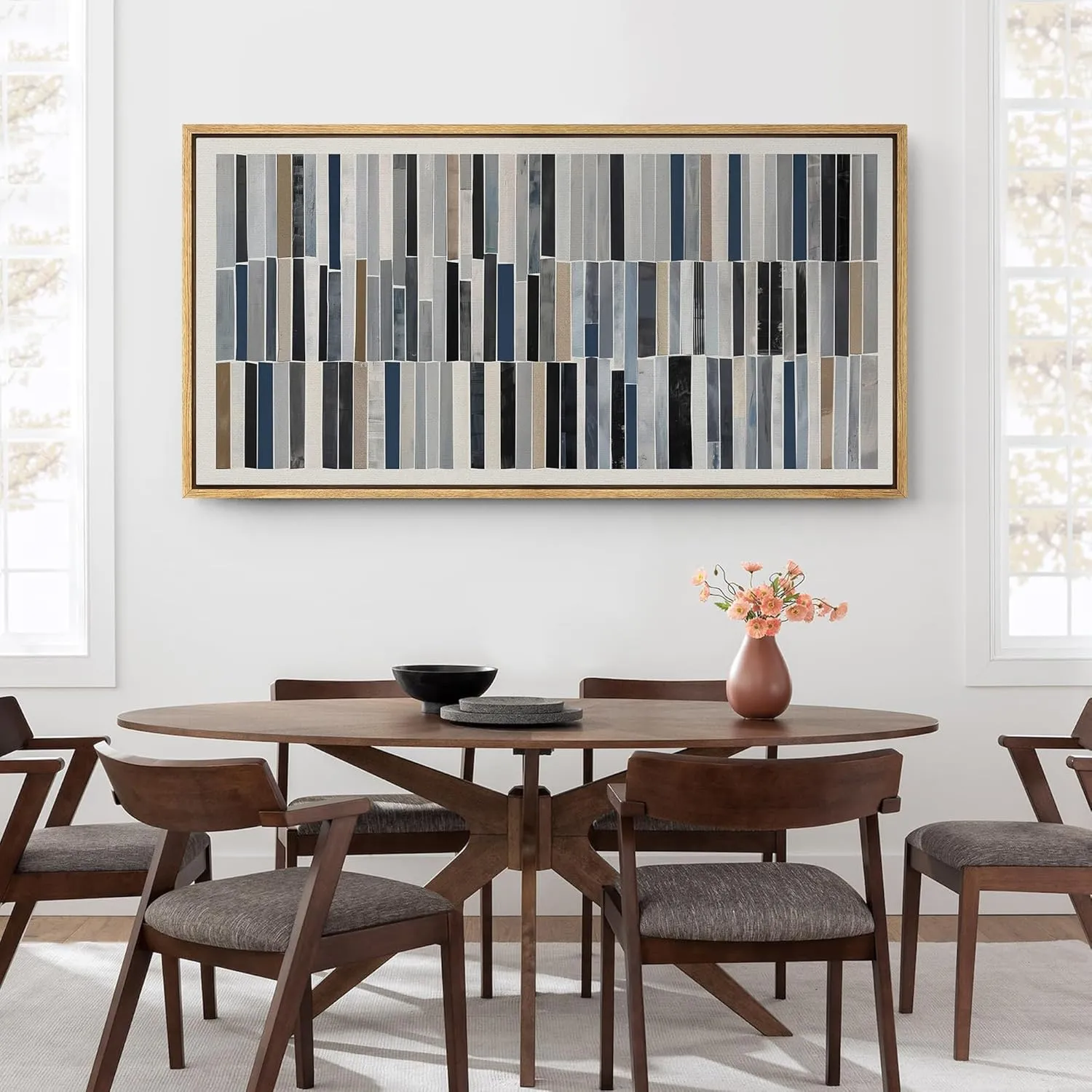 SIGNFORD Extra Large Framed Canvas Print Wall Art Abstract Striped Pattern Modern Earth Tones and Blues Geometric Illustrations Modern Art Calm Warm for Living Room Bedroom Office - 60"x30"