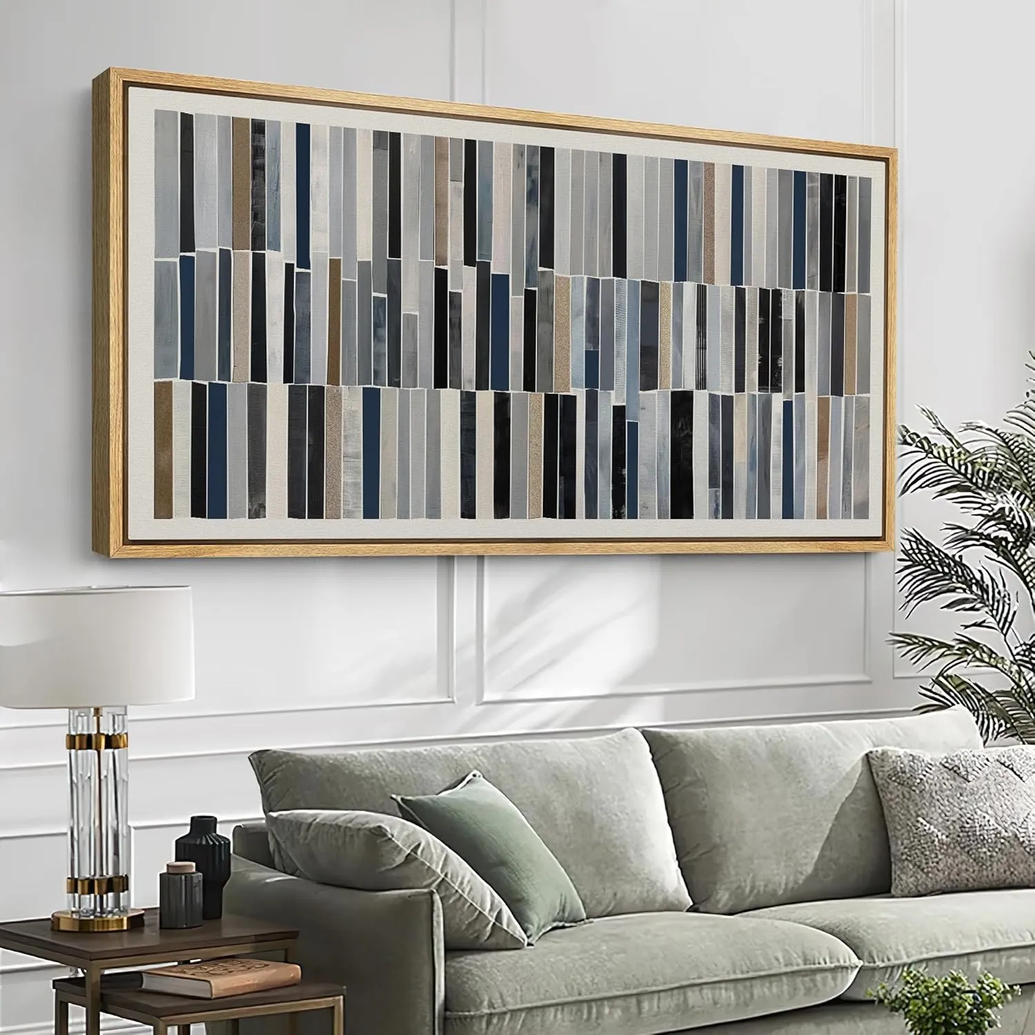 SIGNFORD Extra Large Framed Canvas Print Wall Art Abstract Striped Pattern Modern Earth Tones and Blues Geometric Illustrations Modern Art Calm Warm for Living Room Bedroom Office - 60"x30"
