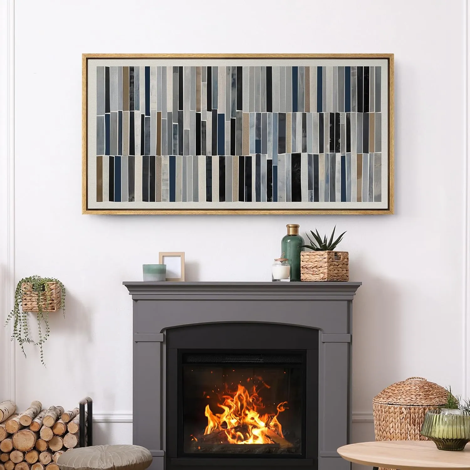SIGNFORD Extra Large Framed Canvas Print Wall Art Abstract Striped Pattern Modern Earth Tones and Blues Geometric Illustrations Modern Art Calm Warm for Living Room Bedroom Office - 60"x30"
