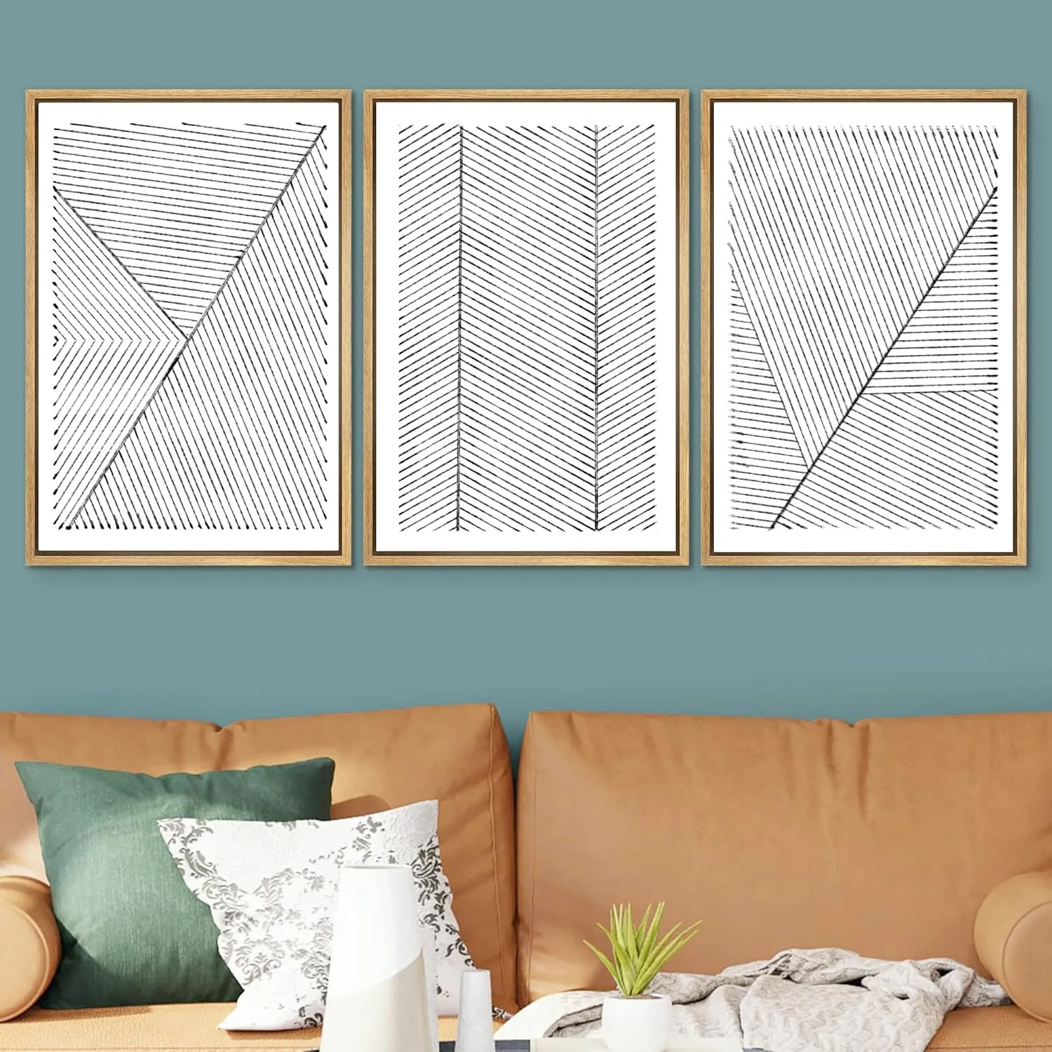 SIGNWIN Framed Canvas Print Wall Art Set Geometric Stripe Pattern Landscapes Abstract Shapes Illustrations Art Minimal Duotone Black & White for Living Room, Bedroom, Office - 24"x36"x3 Natural