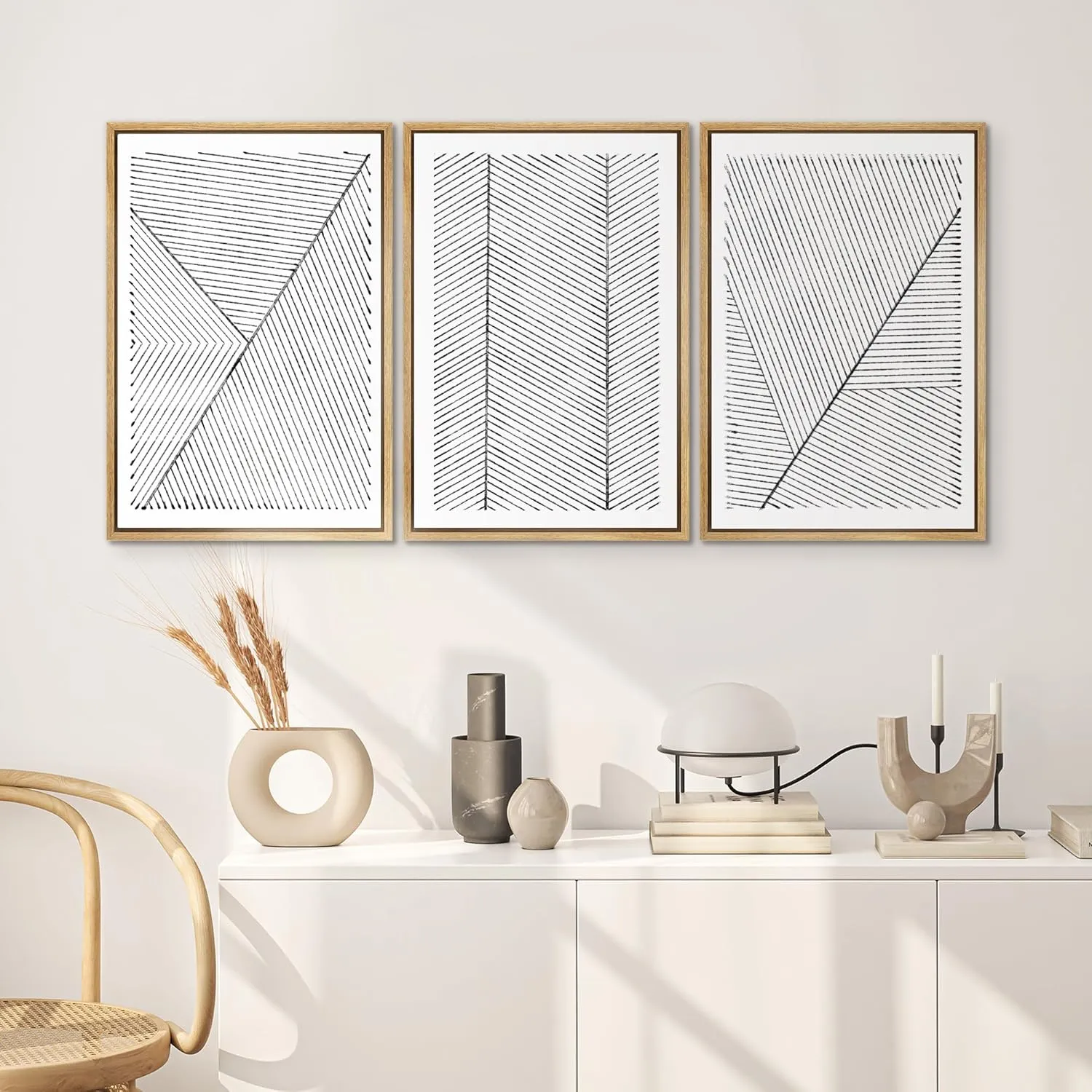 SIGNWIN Framed Canvas Print Wall Art Set Geometric Stripe Pattern Landscapes Abstract Shapes Illustrations Art Minimal Duotone Black & White for Living Room, Bedroom, Office - 24"x36"x3 Natural