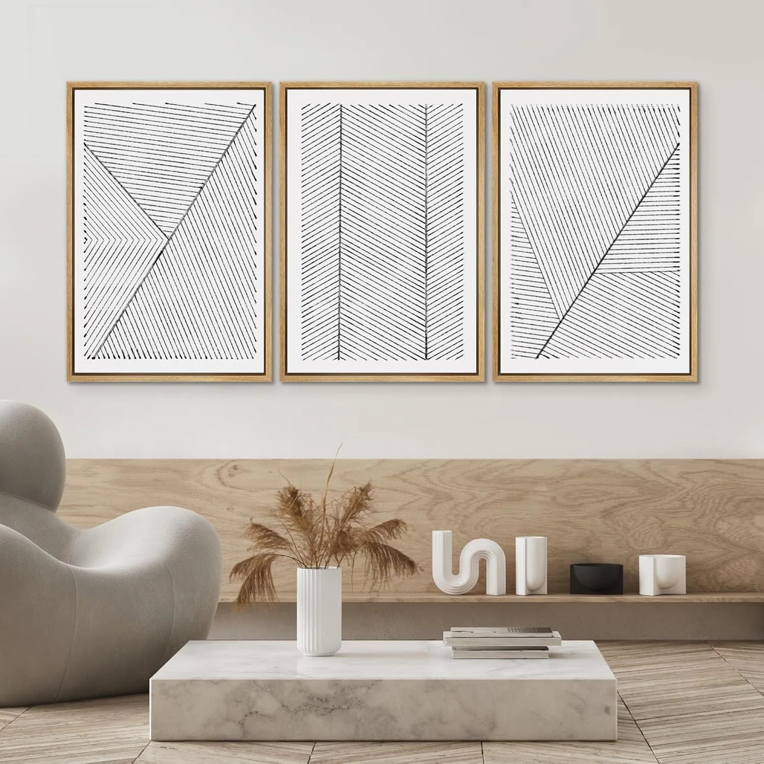 SIGNWIN Framed Canvas Print Wall Art Set Geometric Stripe Pattern Landscapes Abstract Shapes Illustrations Art Minimal Duotone Black & White for Living Room, Bedroom, Office - 24"x36"x3 Natural