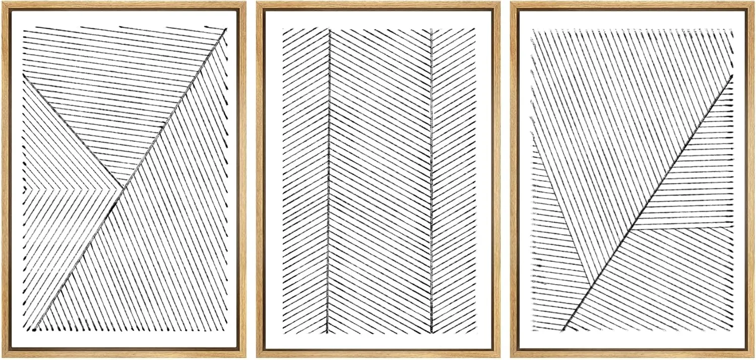 SIGNWIN Framed Canvas Print Wall Art Set Geometric Stripe Pattern Landscapes Abstract Shapes Illustrations Art Minimal Duotone Black & White for Living Room, Bedroom, Office - 24"x36"x3 Natural