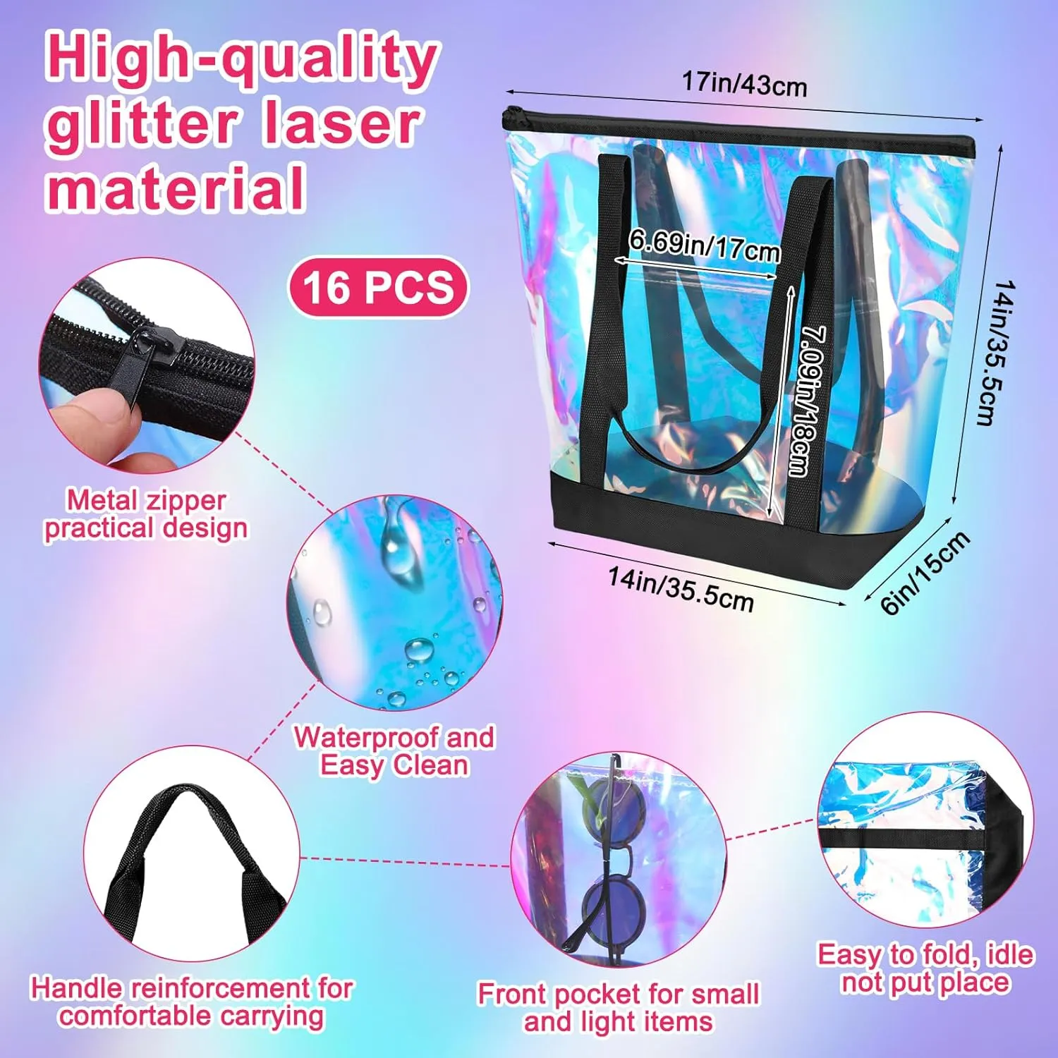 Silkfly 16 Pieces Clear Tote Bags Bulk, PVC Shoulder Handbag, Security Approved See Through Bag with Zipper Closure for Work
