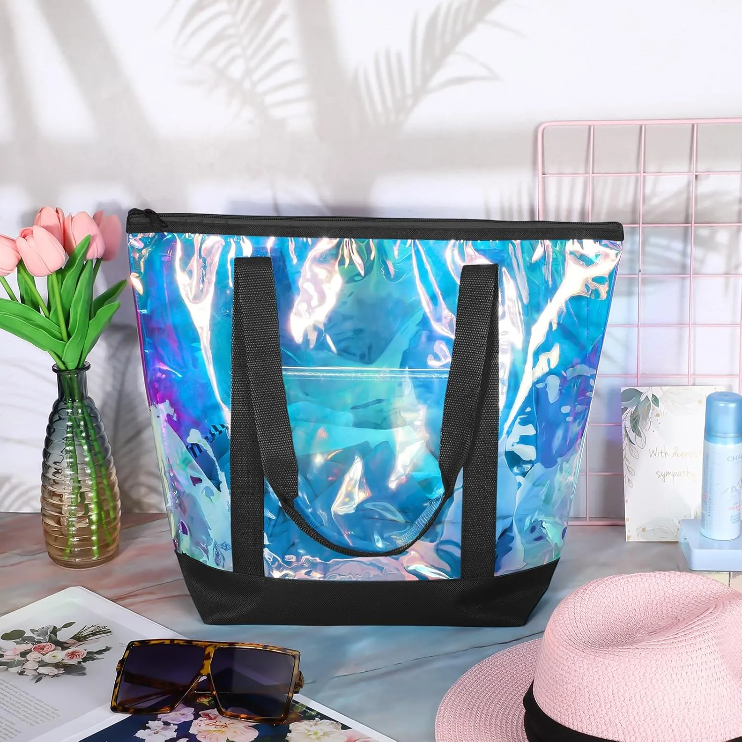Silkfly 16 Pieces Clear Tote Bags Bulk, PVC Shoulder Handbag, Security Approved See Through Bag with Zipper Closure for Work