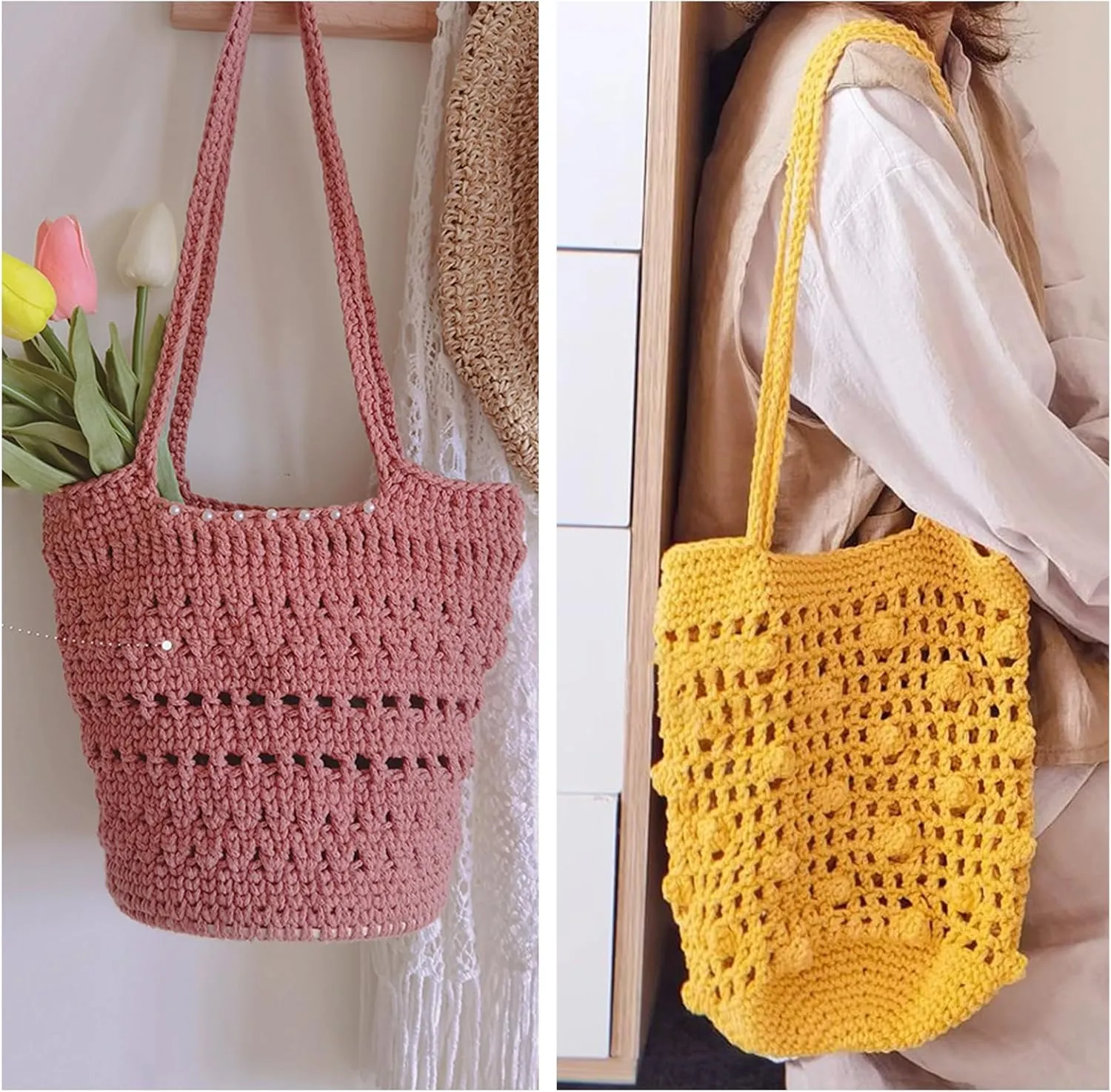 SIMEIQI 2 PCS 400g Beige Khaki 100% Cotton Yarn Hollow Knitted Crochet Yarn,328 Yards Fabric Yarn Round Rope Yarn for DIY Handbag Purse Basket Cushion Crochet Bag