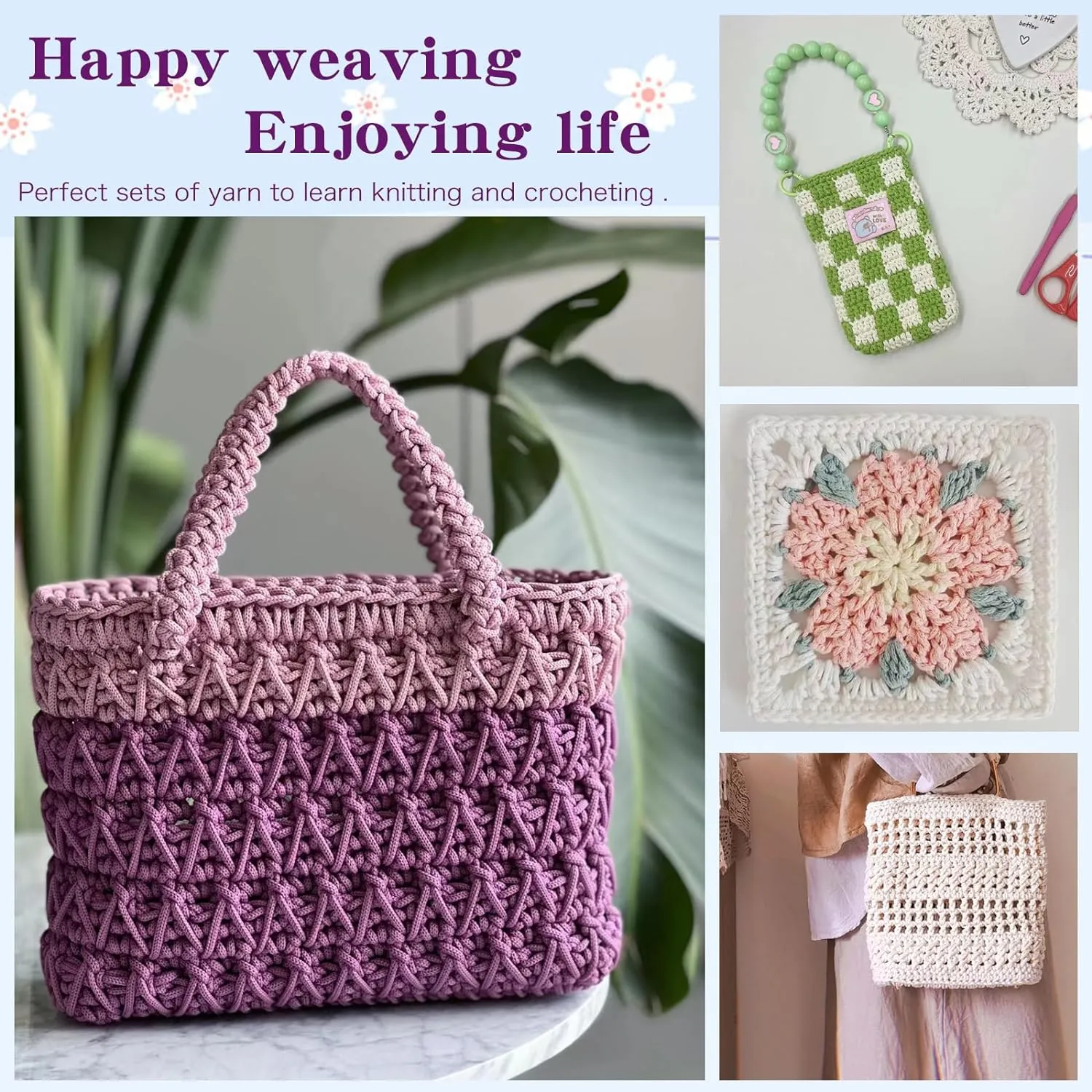 SIMEIQI 2 PCS 400g Beige Khaki 100% Cotton Yarn Hollow Knitted Crochet Yarn,328 Yards Fabric Yarn Round Rope Yarn for DIY Handbag Purse Basket Cushion Crochet Bag