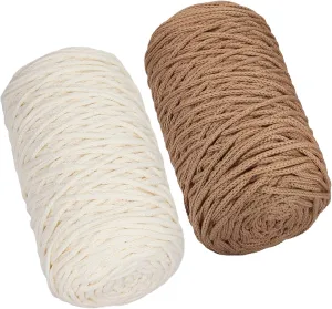 SIMEIQI 2 PCS 400g Beige Khaki 100% Cotton Yarn Hollow Knitted Crochet Yarn,328 Yards Fabric Yarn Round Rope Yarn for DIY Handbag Purse Basket Cushion Crochet Bag