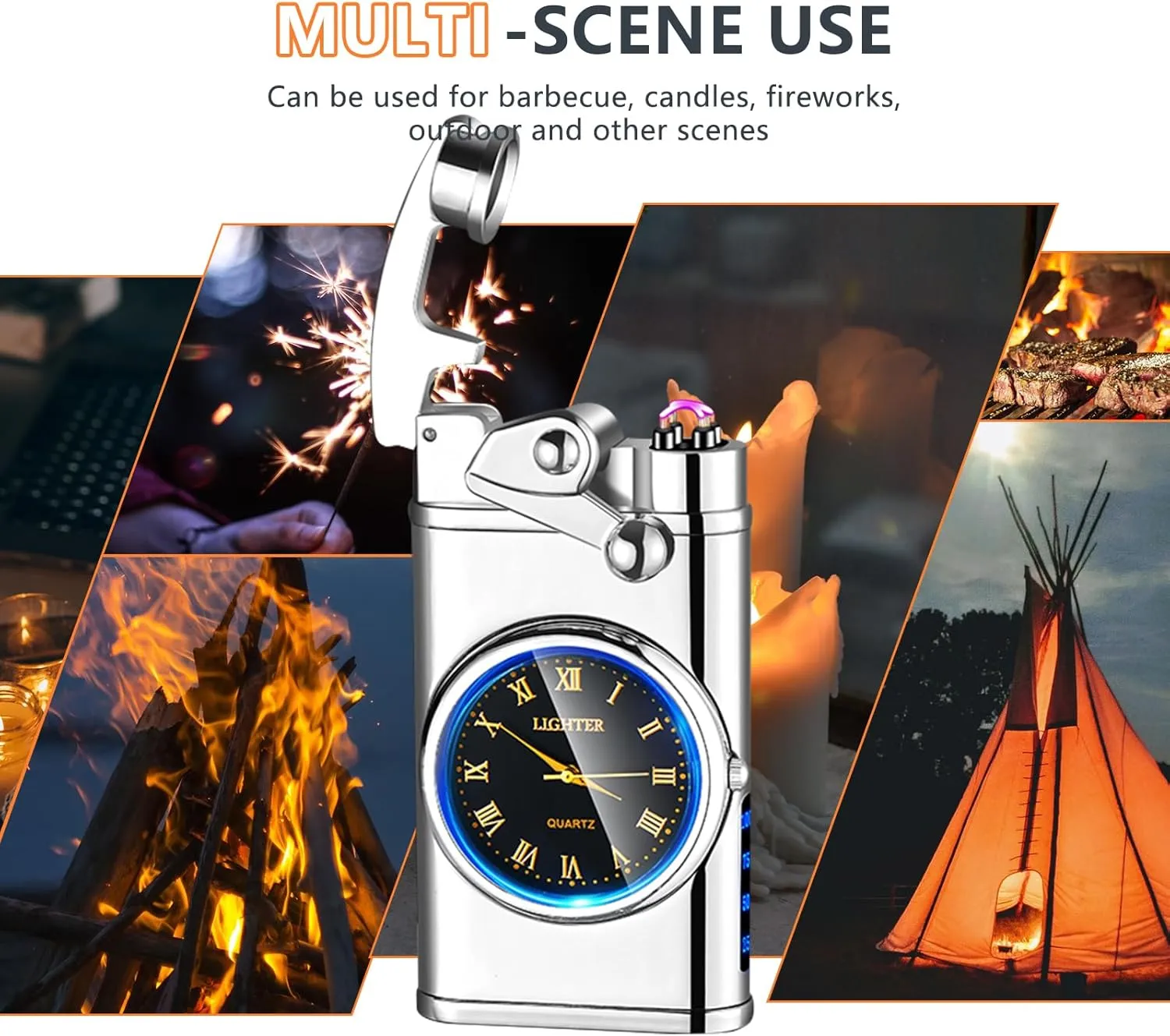 SKRFIRE Electric Plasma Electric Arc Lighter, Windproof Lighters, Metal Lighter Luminous Real Watch dial LED Lighting (Silver)