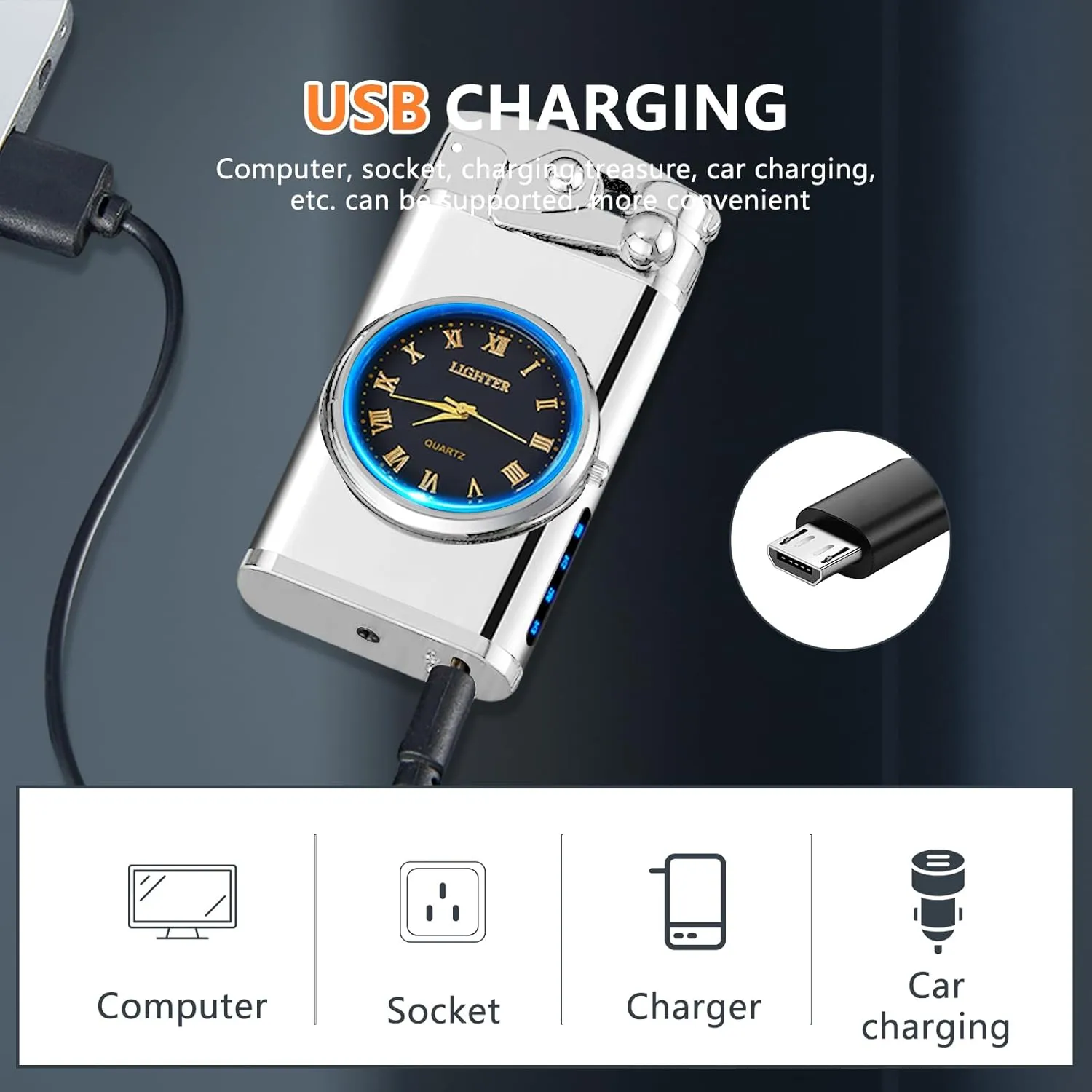SKRFIRE Electric Plasma Electric Arc Lighter, Windproof Lighters, Metal Lighter Luminous Real Watch dial LED Lighting (Silver)
