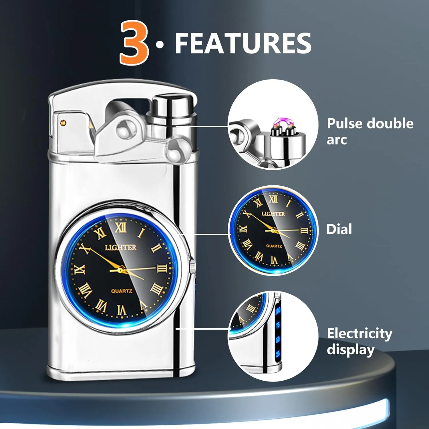 SKRFIRE Electric Plasma Electric Arc Lighter, Windproof Lighters, Metal Lighter Luminous Real Watch dial LED Lighting (Silver)