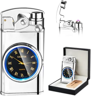 SKRFIRE Electric Plasma Electric Arc Lighter, Windproof Lighters, Metal Lighter Luminous Real Watch dial LED Lighting (Silver)