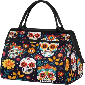 Skull Brightly Colored Flower Duffelbag Waterproof Polyester Overnight Weekend Bags Fitness Travel Sports Bag Airplane Carry-on Bag for Gym Beach Travel Daily Shopping