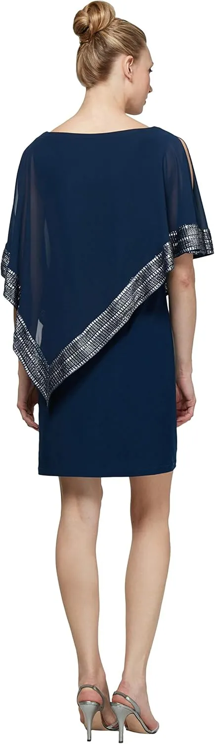S.L. Fashions Women's Short Capelet Overlay Dress with Metallic Trim