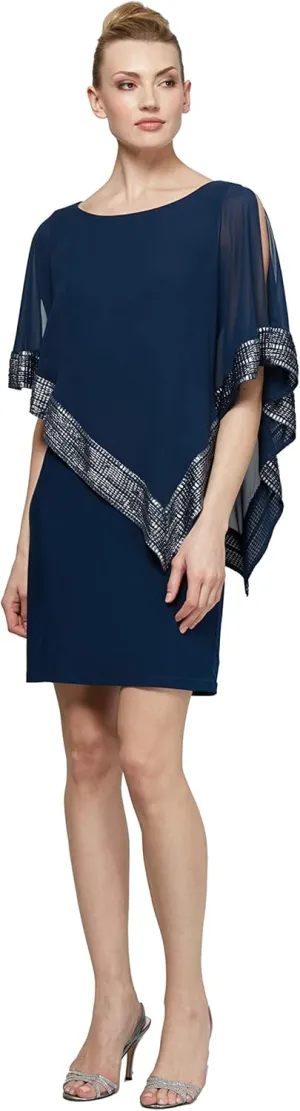 S.L. Fashions Women's Short Capelet Overlay Dress with Metallic Trim