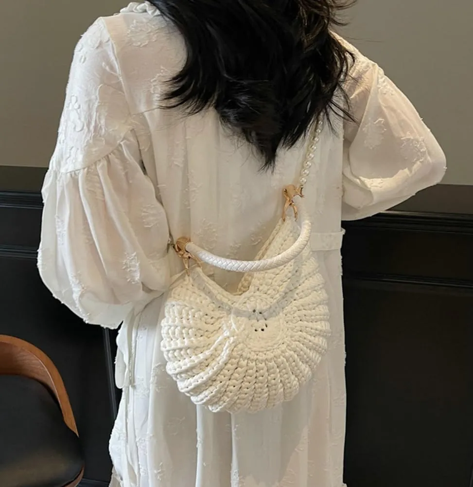 Solyinne Handwoven Fashion Seashell Bag for Woman Shoulder Bag with Pearl Chain Summer Small Shell Crossbody Beach Bag