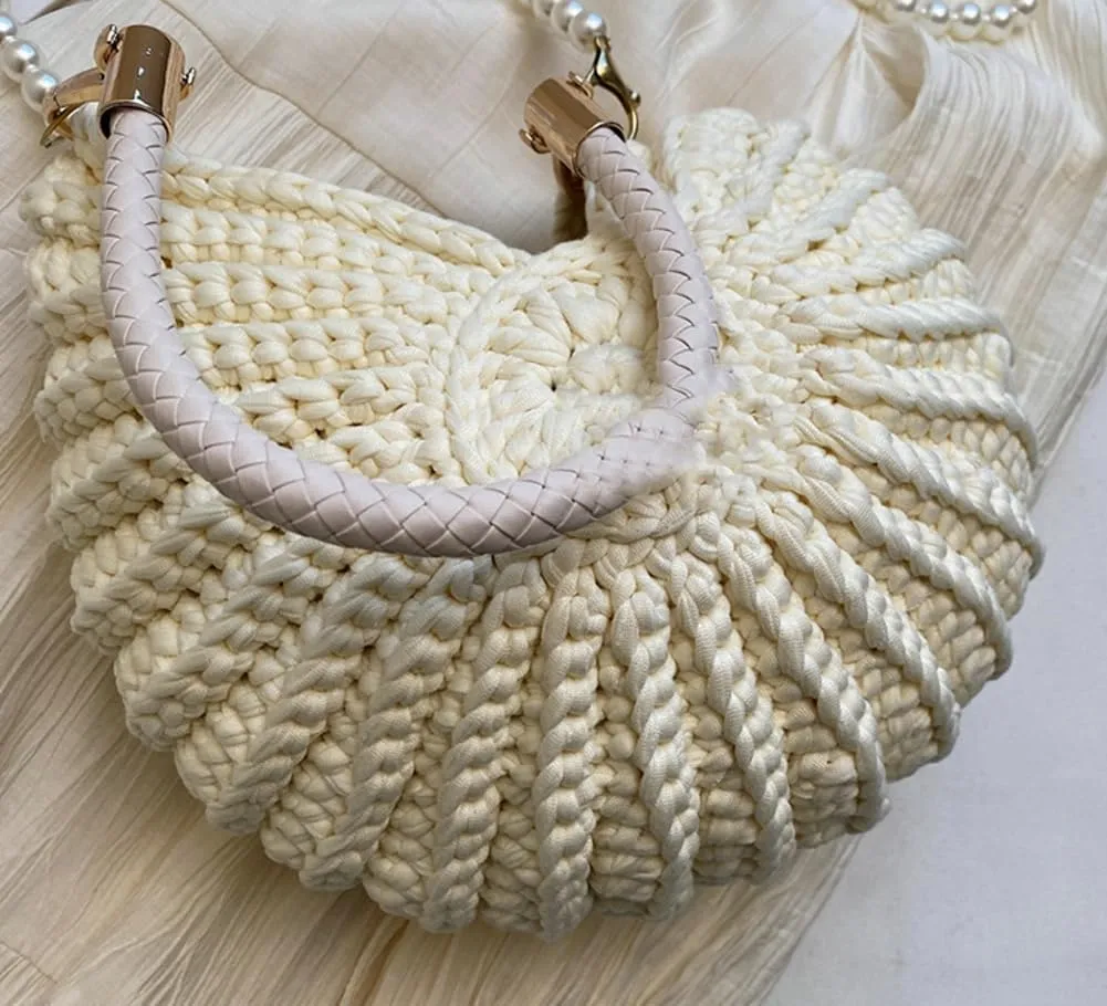 Solyinne Handwoven Fashion Seashell Bag for Woman Shoulder Bag with Pearl Chain Summer Small Shell Crossbody Beach Bag
