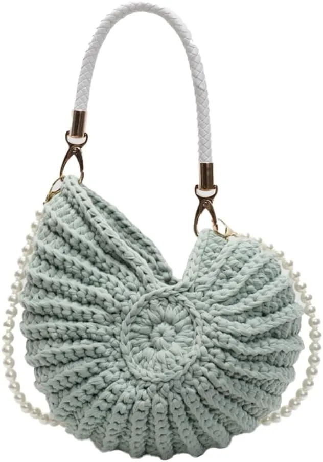Solyinne Handwoven Fashion Seashell Bag for Woman Shoulder Bag with Pearl Chain Summer Small Shell Crossbody Beach Bag