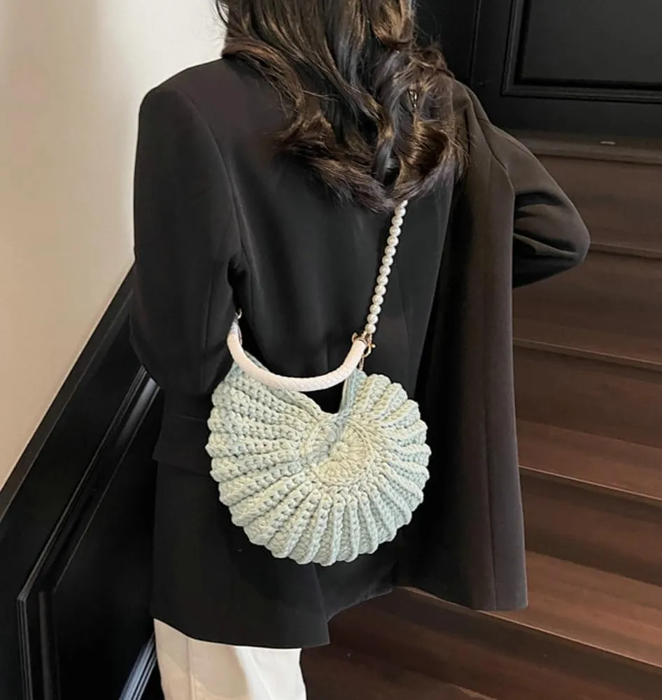 Solyinne Handwoven Fashion Seashell Bag for Woman Shoulder Bag with Pearl Chain Summer Small Shell Crossbody Beach Bag