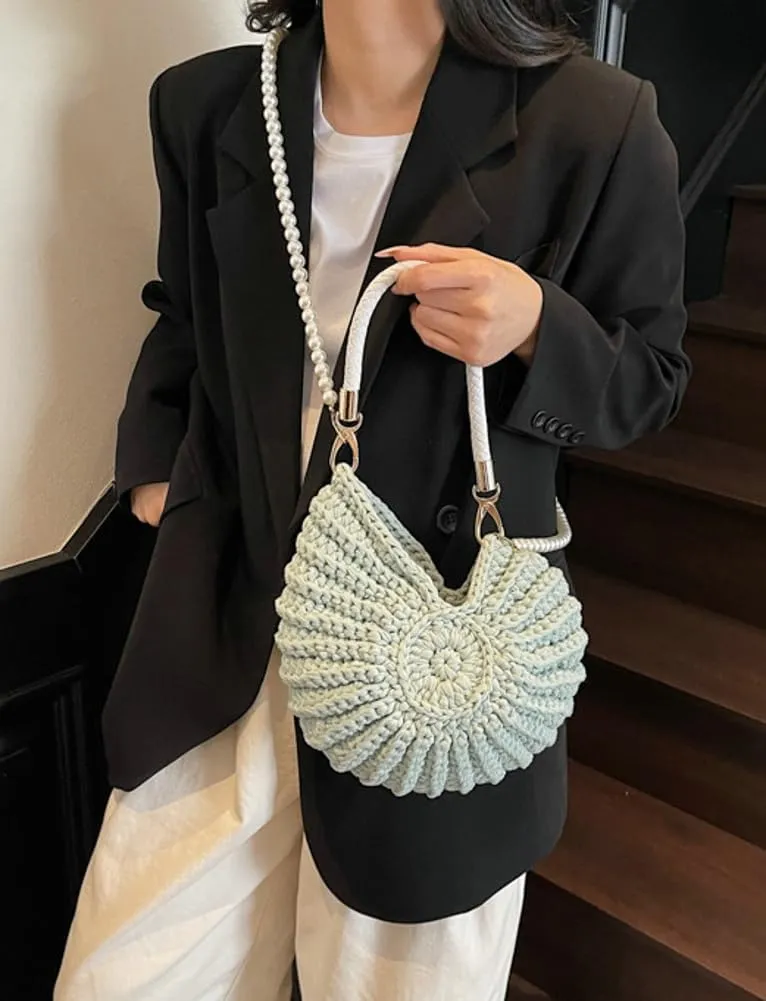 Solyinne Handwoven Fashion Seashell Bag for Woman Shoulder Bag with Pearl Chain Summer Small Shell Crossbody Beach Bag