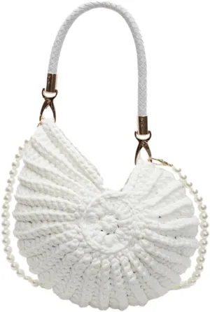 Solyinne Handwoven Fashion Seashell Bag for Woman Shoulder Bag with Pearl Chain Summer Small Shell Crossbody Beach Bag