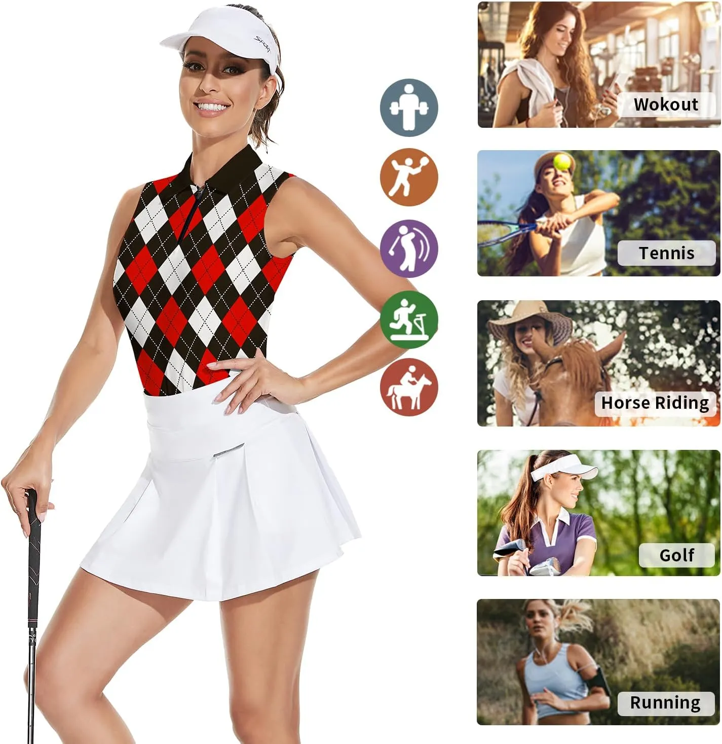 Soneven Womens Sleeveless Golf Shirt Moisture Wicking Athletic Golf Tank Top Printed Polo Tennis Shirts (XS-3XL)