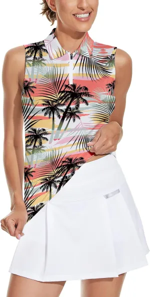 Soneven Womens Sleeveless Golf Shirt Moisture Wicking Athletic Golf Tank Top Printed Polo Tennis Shirts (XS-3XL)
