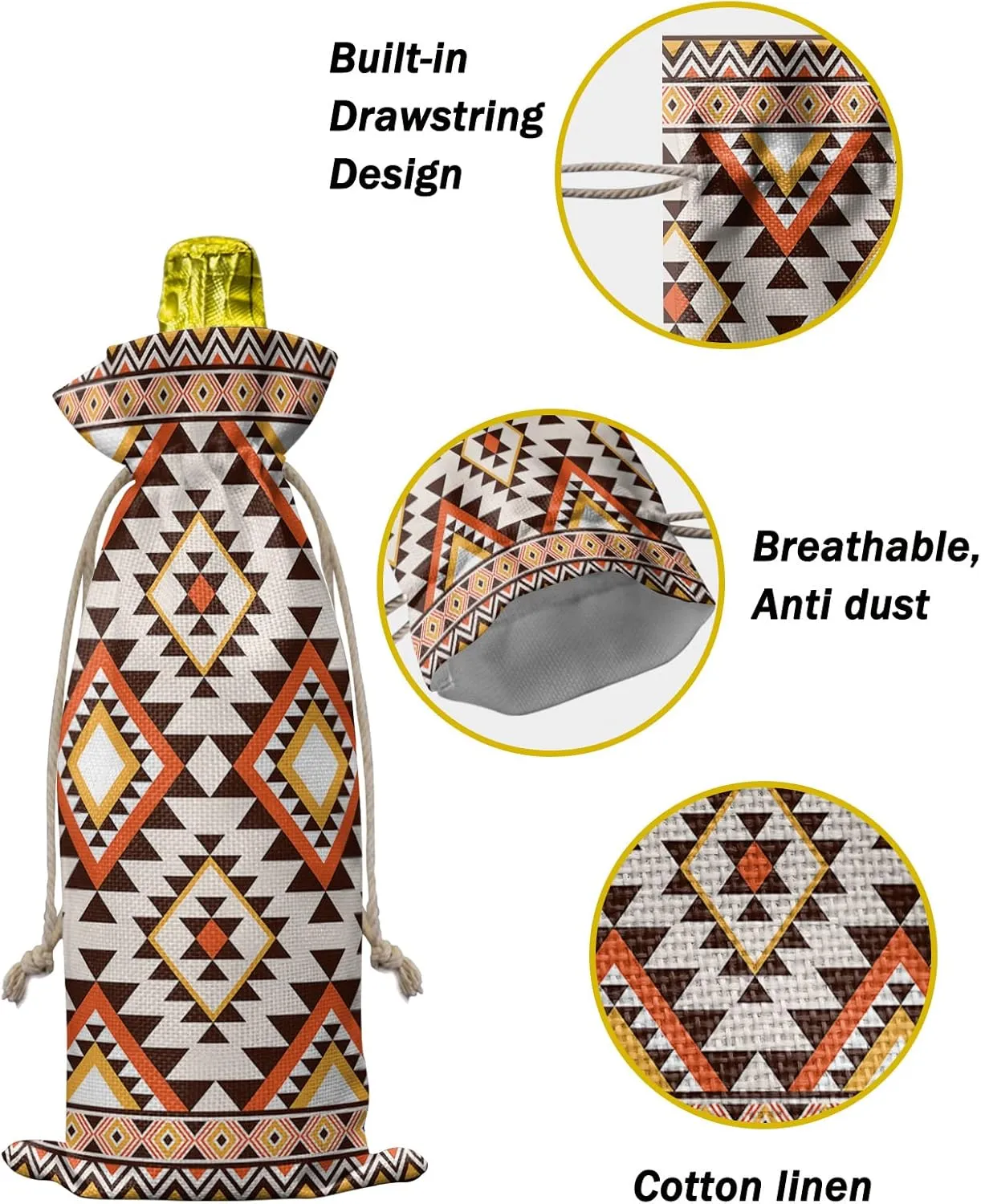 Southeastern Wine Bottle Bags Wine Bottle Cover with Drawstring, Boho Brown Geometric Native American Tribal Gift Bag for Champagne, Wedding, Birthday, Party