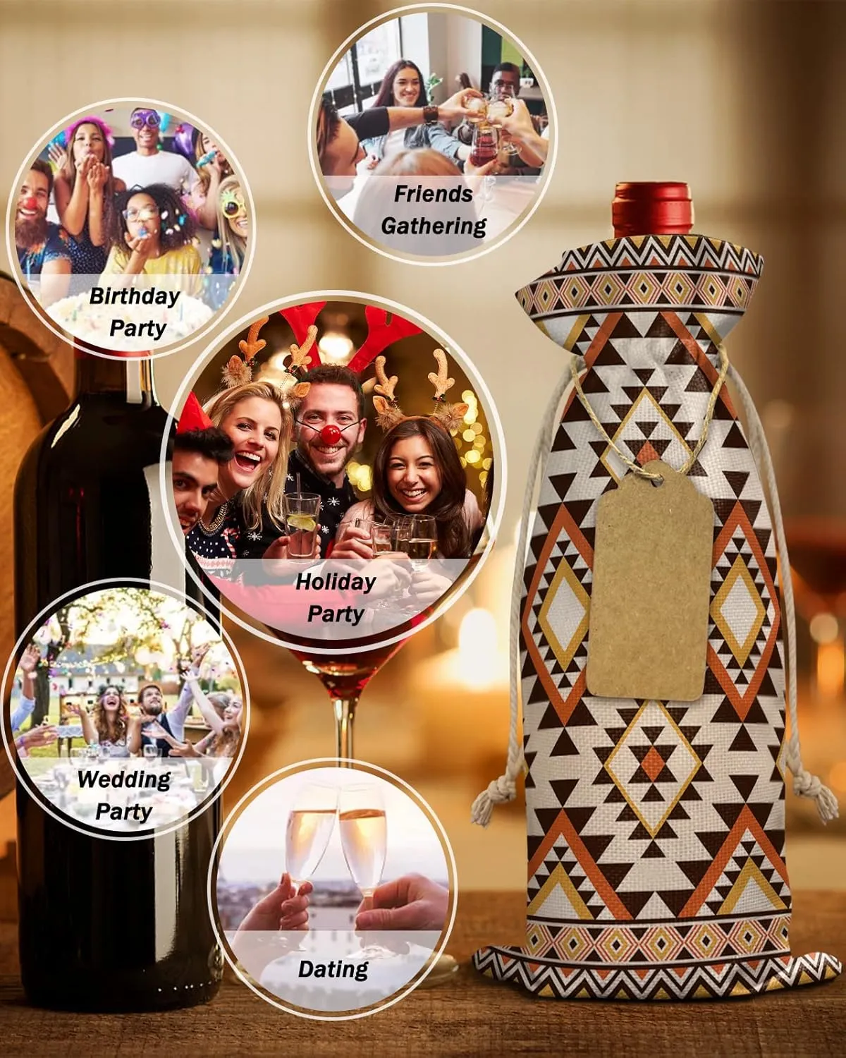 Southeastern Wine Bottle Bags Wine Bottle Cover with Drawstring, Boho Brown Geometric Native American Tribal Gift Bag for Champagne, Wedding, Birthday, Party