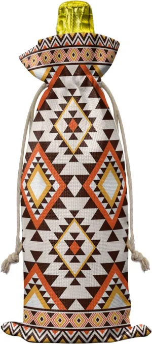 Southeastern Wine Bottle Bags Wine Bottle Cover with Drawstring, Boho Brown Geometric Native American Tribal Gift Bag for Champagne, Wedding, Birthday, Party