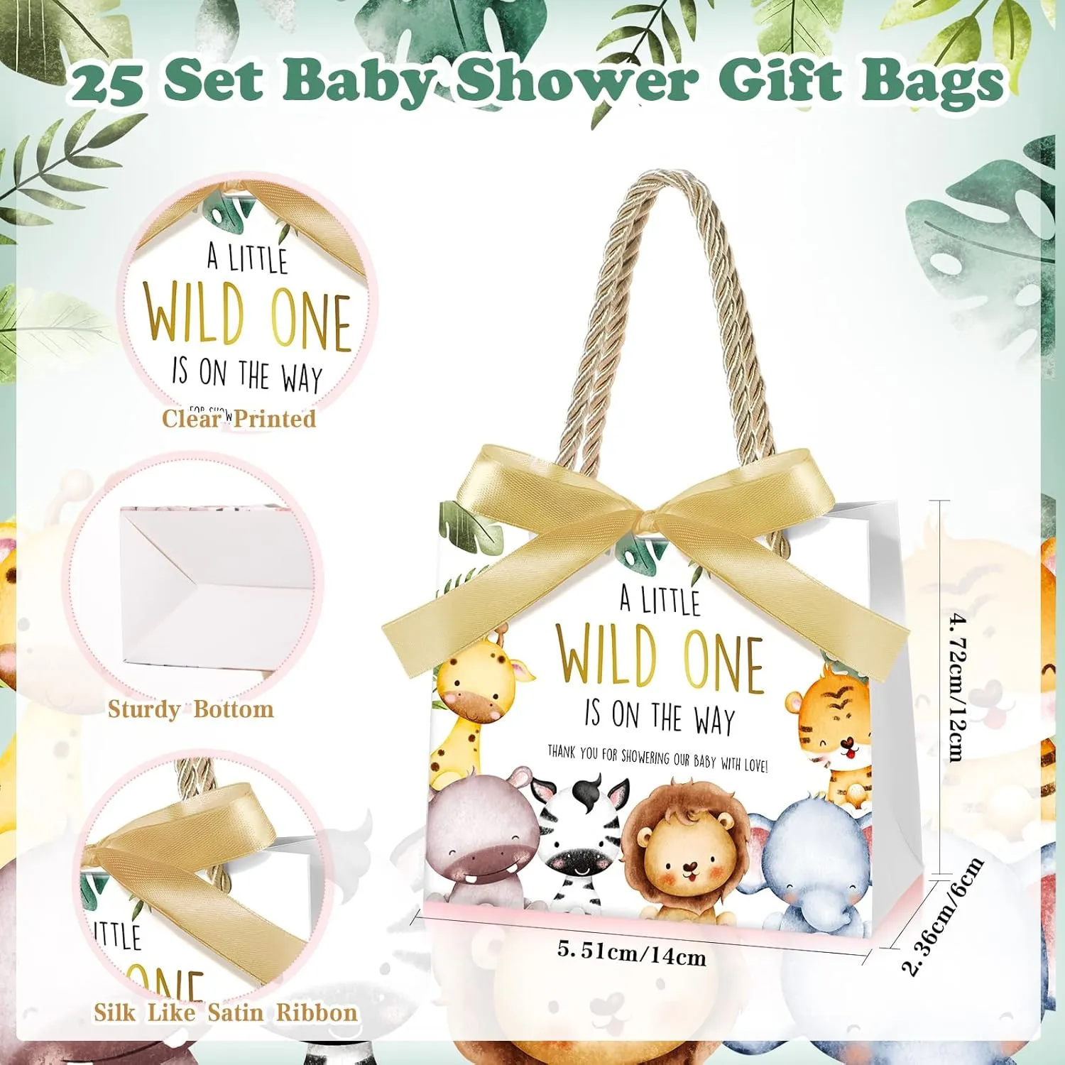 Spakon 25 Set Safari Baby Shower Party Favors Goodie Bag a Little Wild One Is on the Way Gift Jungle Animals Print Treat Bags with and Bow Ribbon Baby Shower Birthday Party Supplies