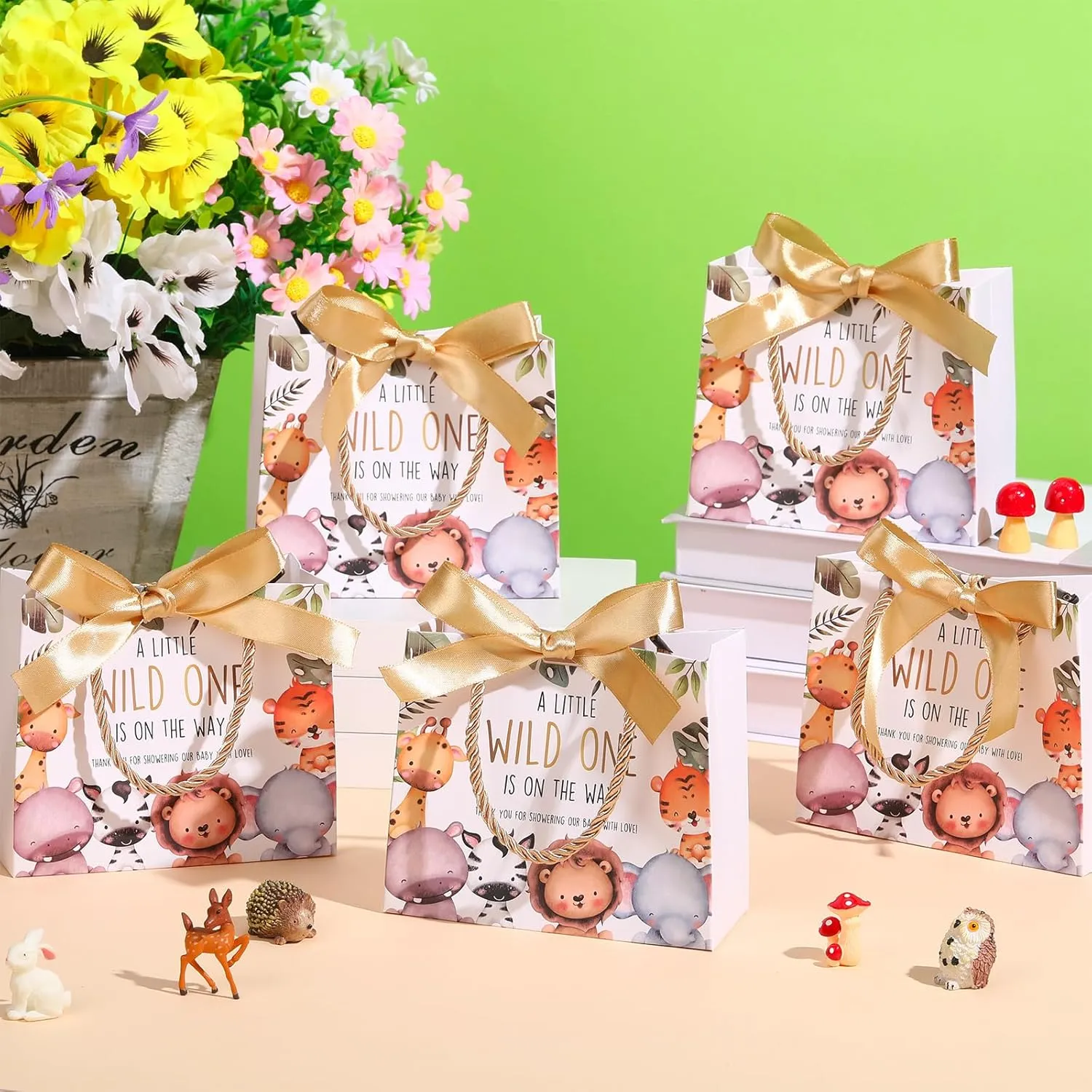 Spakon 25 Set Safari Baby Shower Party Favors Goodie Bag a Little Wild One Is on the Way Gift Jungle Animals Print Treat Bags with and Bow Ribbon Baby Shower Birthday Party Supplies