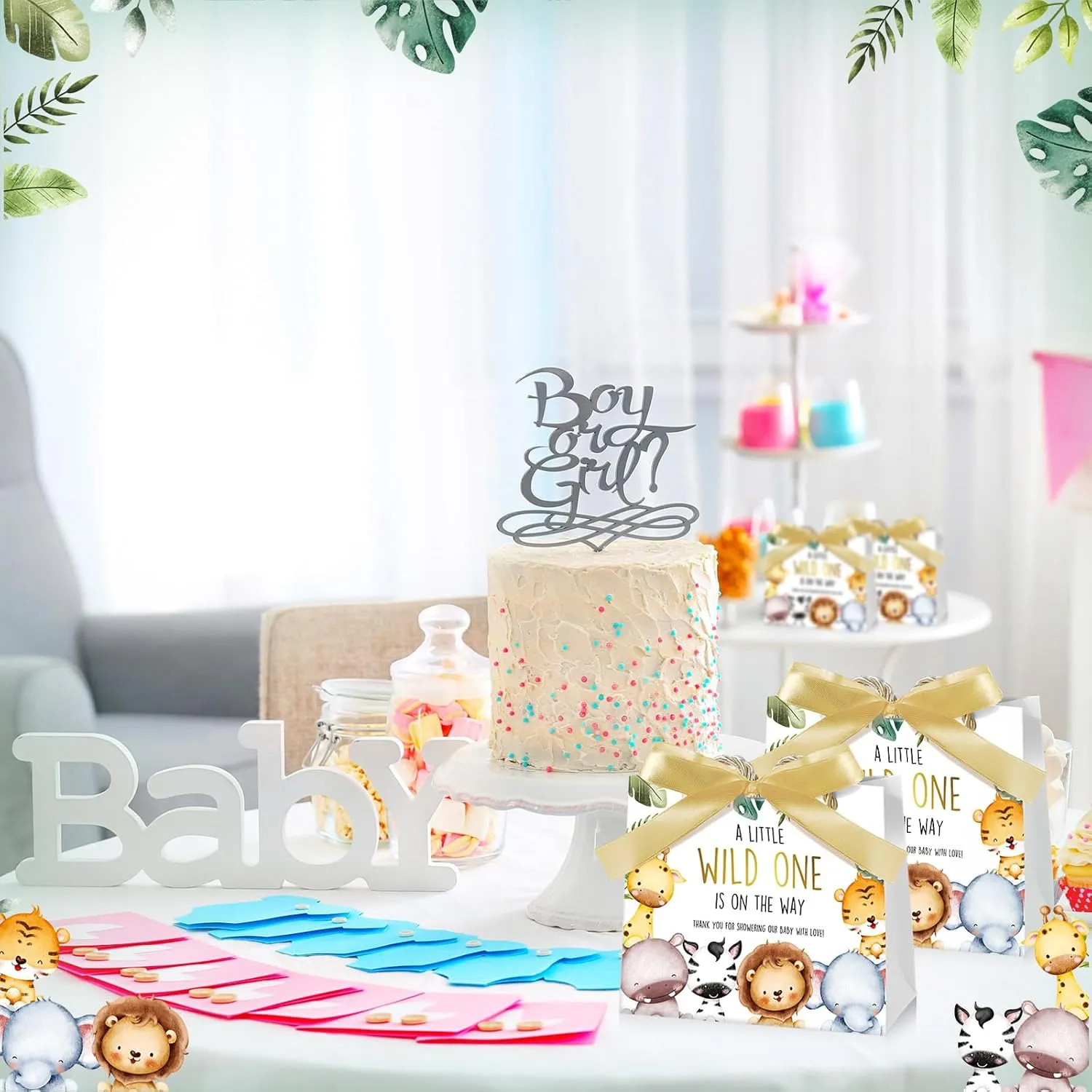 Spakon 25 Set Safari Baby Shower Party Favors Goodie Bag a Little Wild One Is on the Way Gift Jungle Animals Print Treat Bags with and Bow Ribbon Baby Shower Birthday Party Supplies