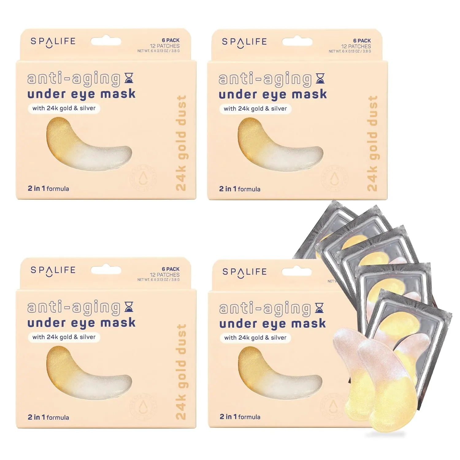SpaLife Beauty Anti-Aging Under Eye Masks – Hydrogel Eye Patches for Fine Lines, Dryness, & Dullness with 24K Gold, Colloidal Silver – 2-in-1 Skincare Treatment – 48 Pairs