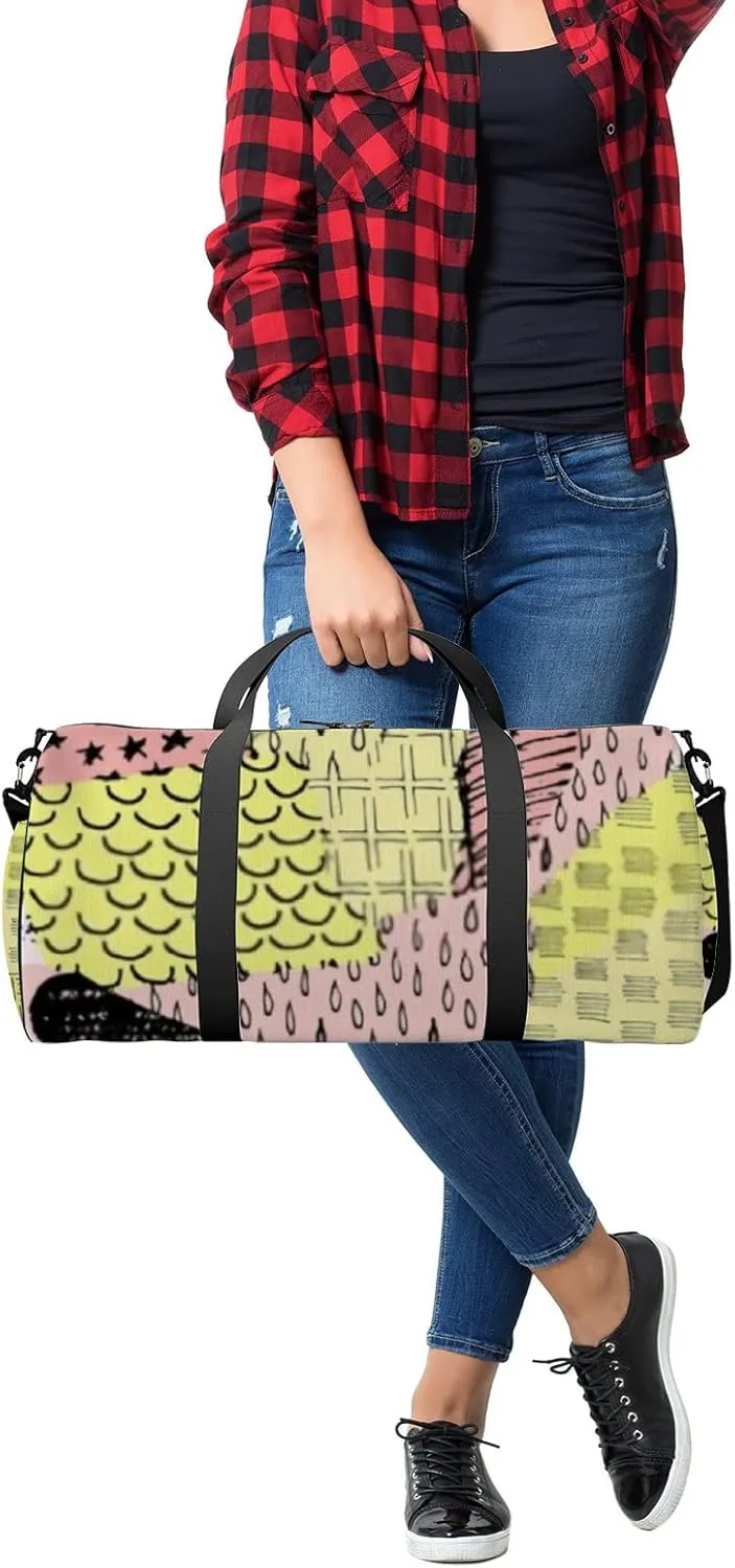 Sports Gym Bag for Women and Men Waterproof Abstract Black Hand Sketched Pattern Geometric Style Duffel Bag Lightweight Carryon Traveling Boarding Gripsack