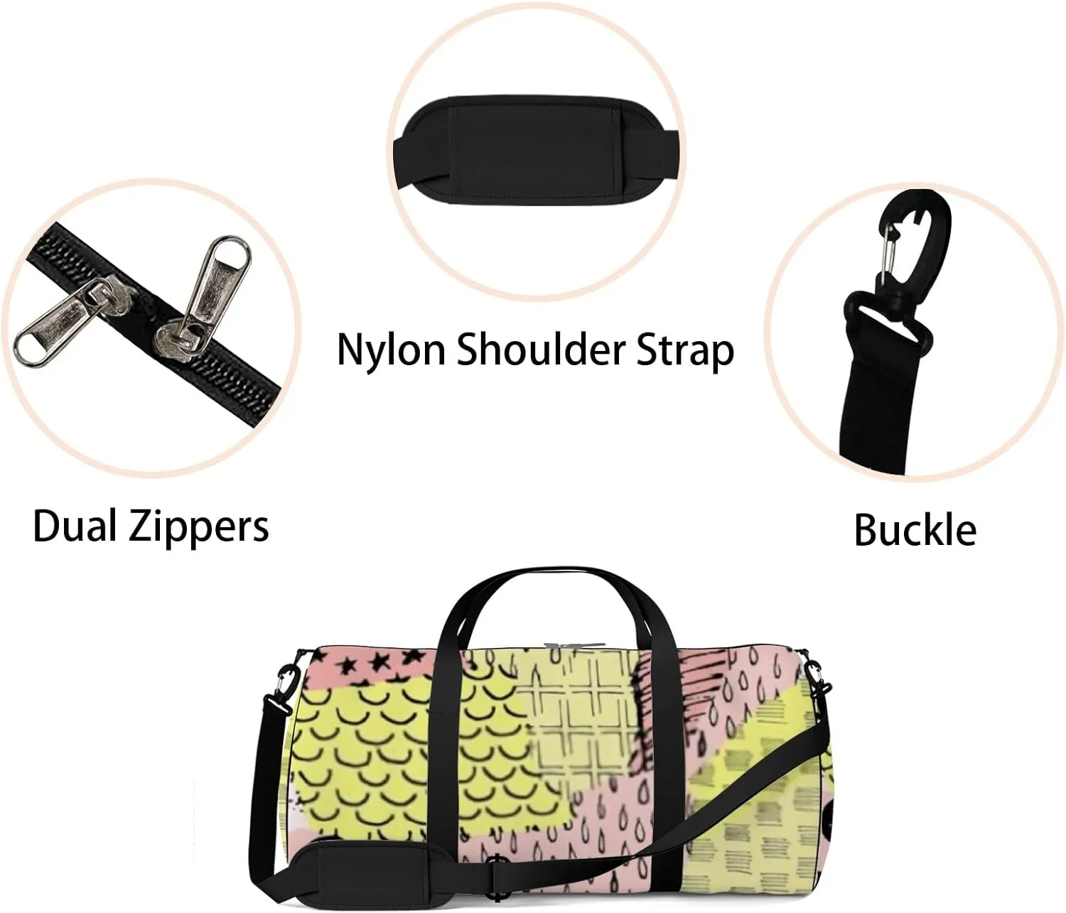 Sports Gym Bag for Women and Men Waterproof Abstract Black Hand Sketched Pattern Geometric Style Duffel Bag Lightweight Carryon Traveling Boarding Gripsack
