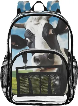 SPRIPORT Cow Pasture Large Heavy Duty Kids Clear Backpack for Boys Girls See Through PVC Transparent Bookbag with Reinforced Strap Concert Bag for Work Travel College Sport School Student