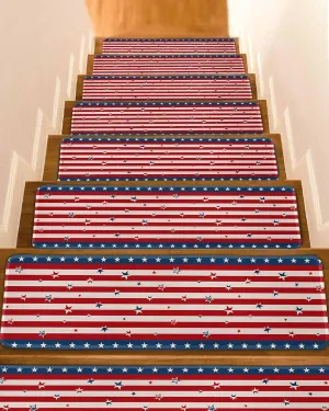 Stair Treads for Wooden Steps, Red Stripes and Stars Independence Day Thin Blue Line Staircase Step Treads Non Slip Carpet Stair Runner for Kids Elders, 4th of July Linen Back Washable Mat 4 Pack