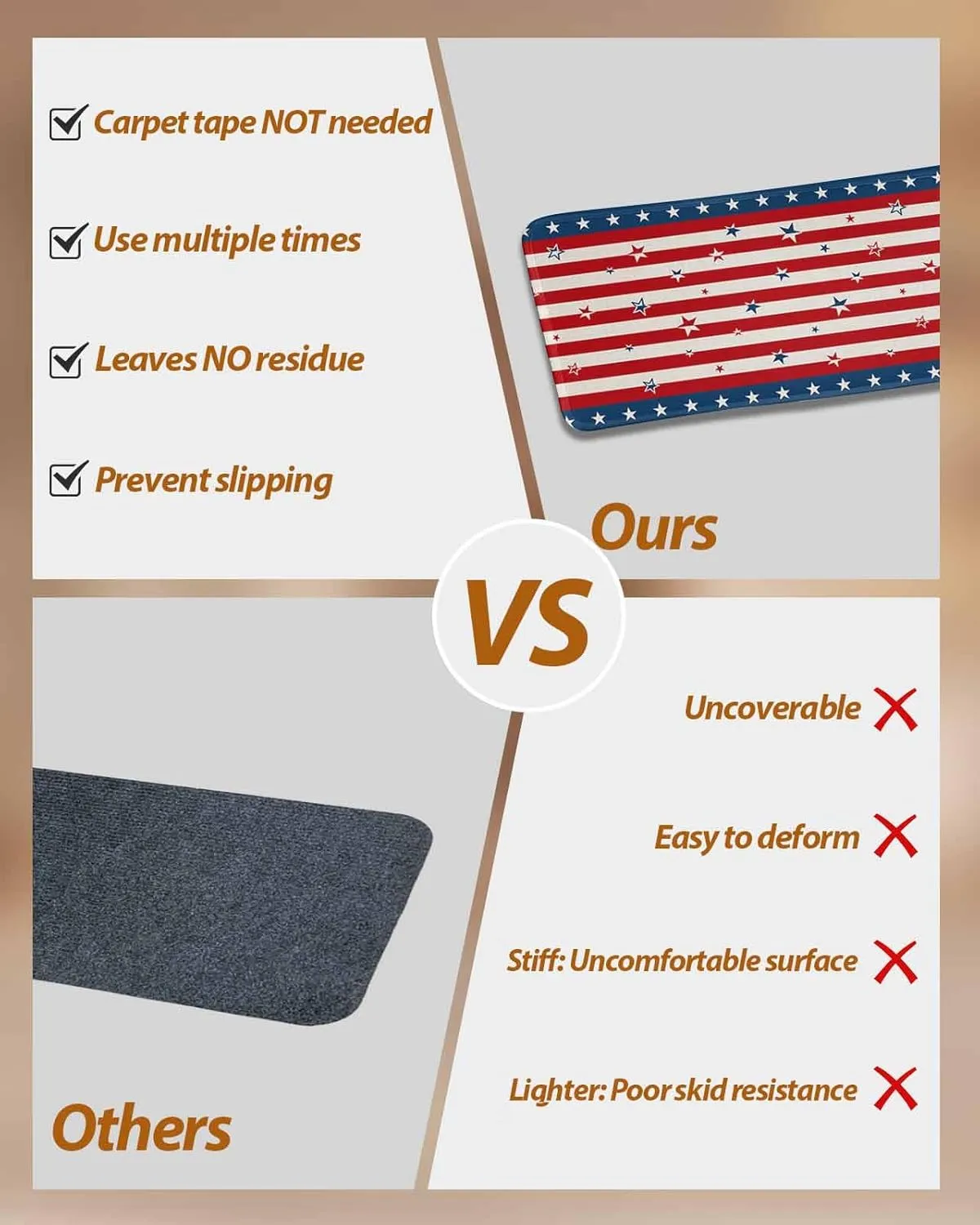 Stair Treads for Wooden Steps, Red Stripes and Stars Independence Day Thin Blue Line Staircase Step Treads Non Slip Carpet Stair Runner for Kids Elders, 4th of July Linen Back Washable Mat 4 Pack