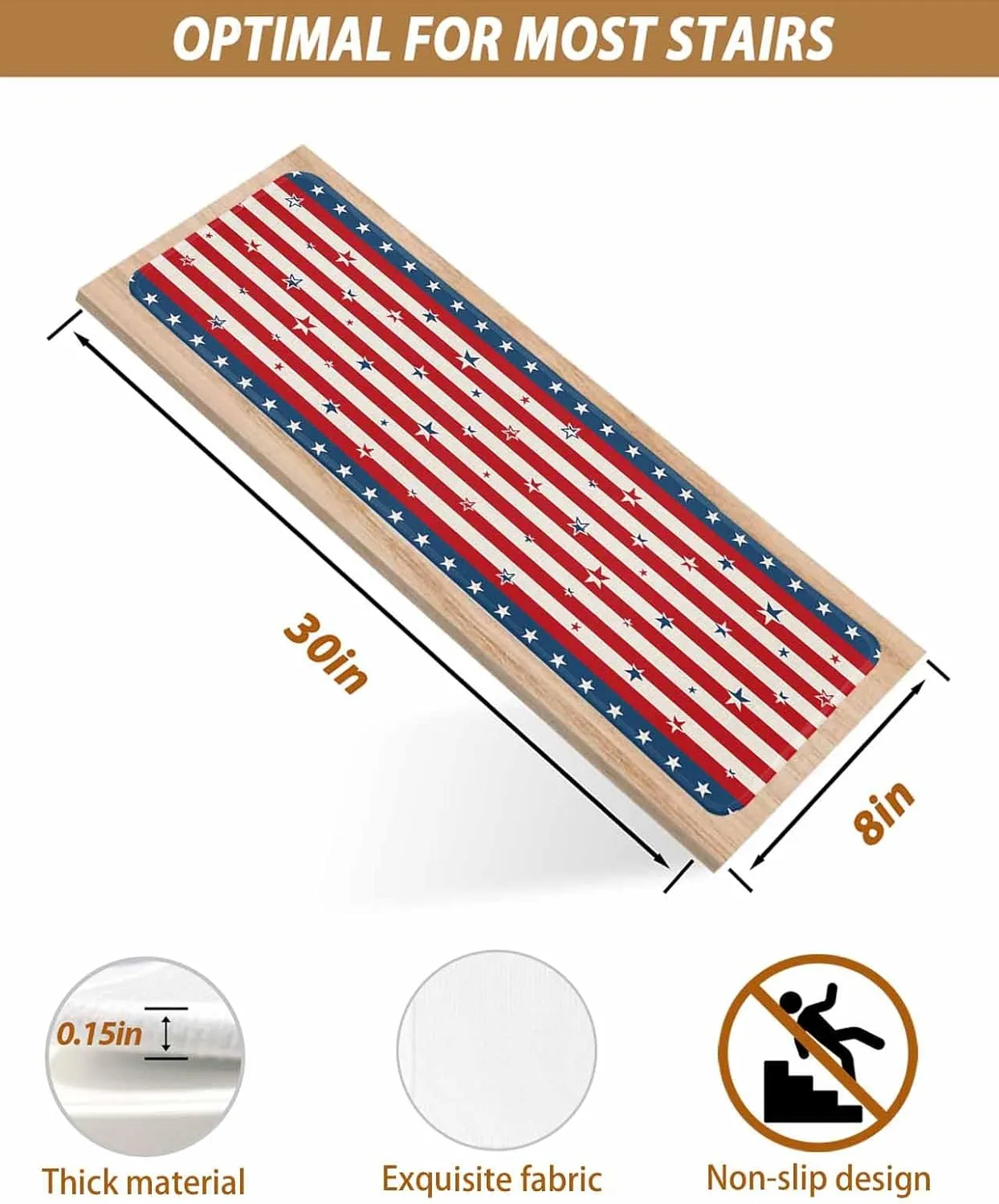 Stair Treads for Wooden Steps, Red Stripes and Stars Independence Day Thin Blue Line Staircase Step Treads Non Slip Carpet Stair Runner for Kids Elders, 4th of July Linen Back Washable Mat 4 Pack
