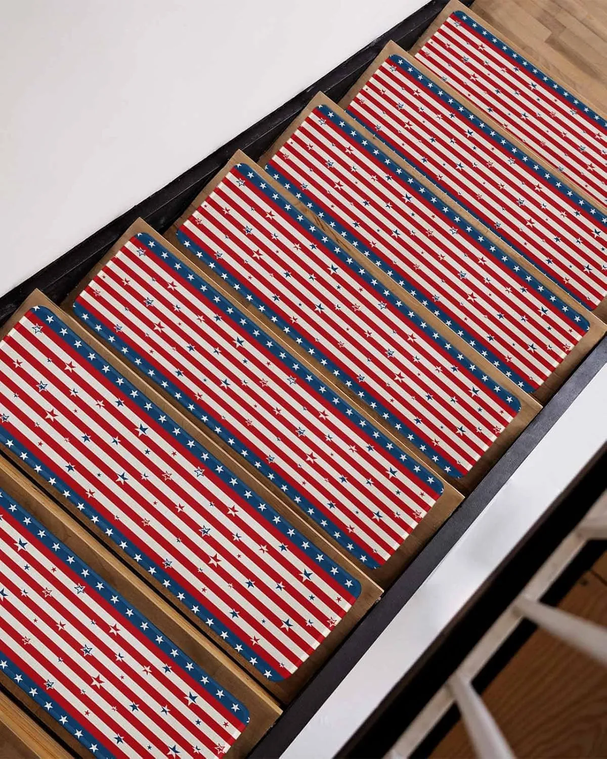 Stair Treads for Wooden Steps, Red Stripes and Stars Independence Day Thin Blue Line Staircase Step Treads Non Slip Carpet Stair Runner for Kids Elders, 4th of July Linen Back Washable Mat 4 Pack