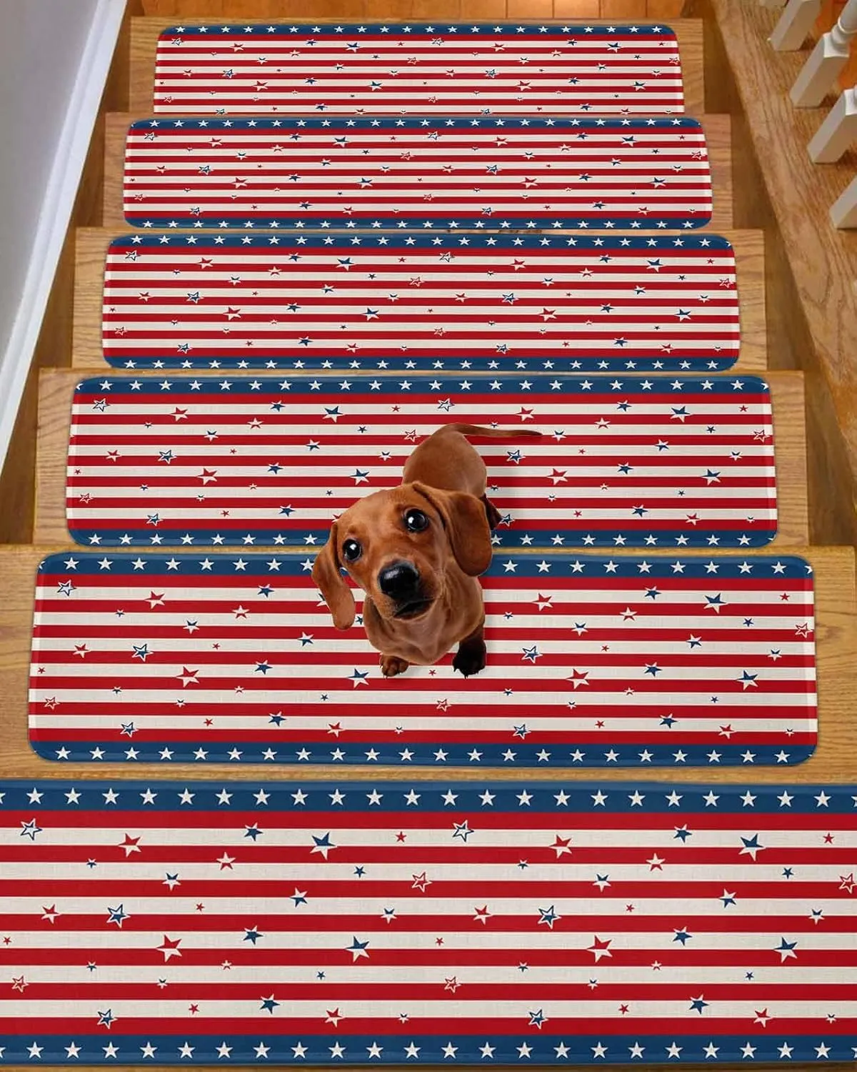 Stair Treads for Wooden Steps, Red Stripes and Stars Independence Day Thin Blue Line Staircase Step Treads Non Slip Carpet Stair Runner for Kids Elders, 4th of July Linen Back Washable Mat 4 Pack