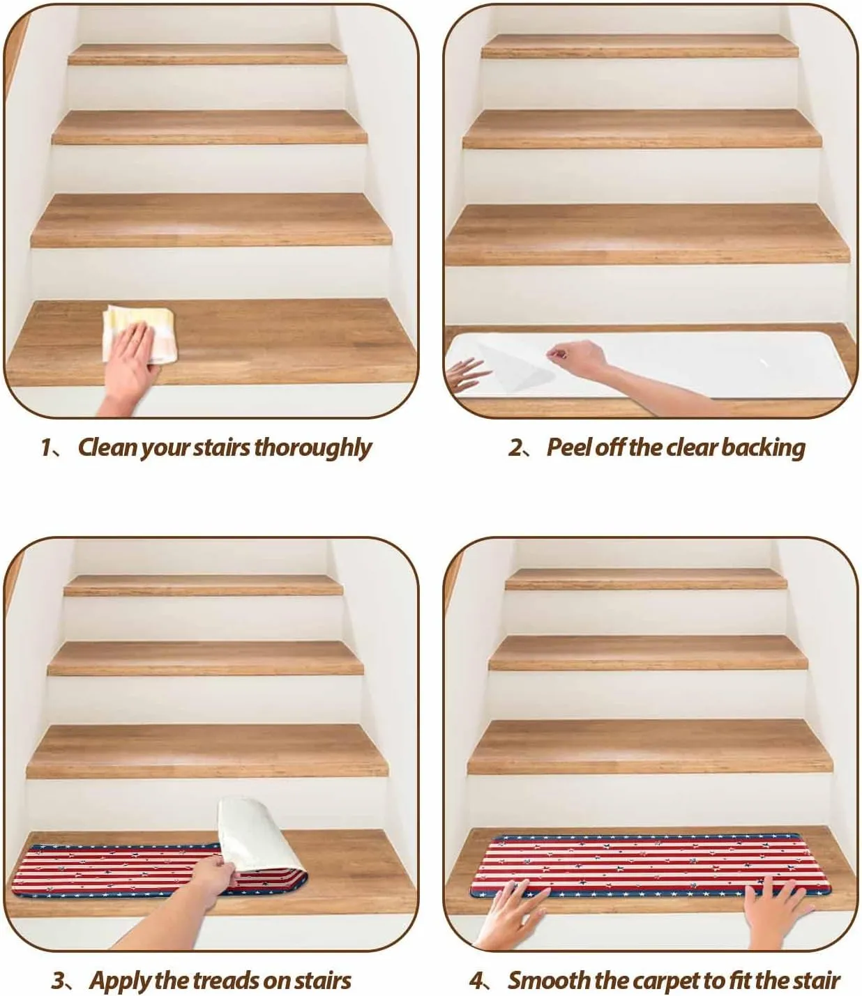 Stair Treads for Wooden Steps, Red Stripes and Stars Independence Day Thin Blue Line Staircase Step Treads Non Slip Carpet Stair Runner for Kids Elders, 4th of July Linen Back Washable Mat 4 Pack