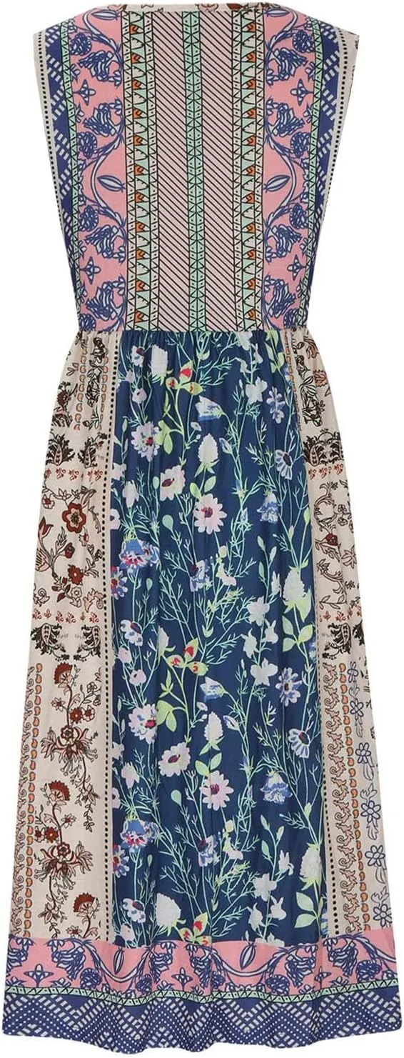 Summer Women Fashion Sundress Floral Printed Sleeveless Pleated Boho Dresses Casual Sexy Round Neck Beach Dress