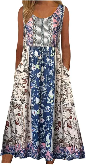 Summer Women Fashion Sundress Floral Printed Sleeveless Pleated Boho Dresses Casual Sexy Round Neck Beach Dress