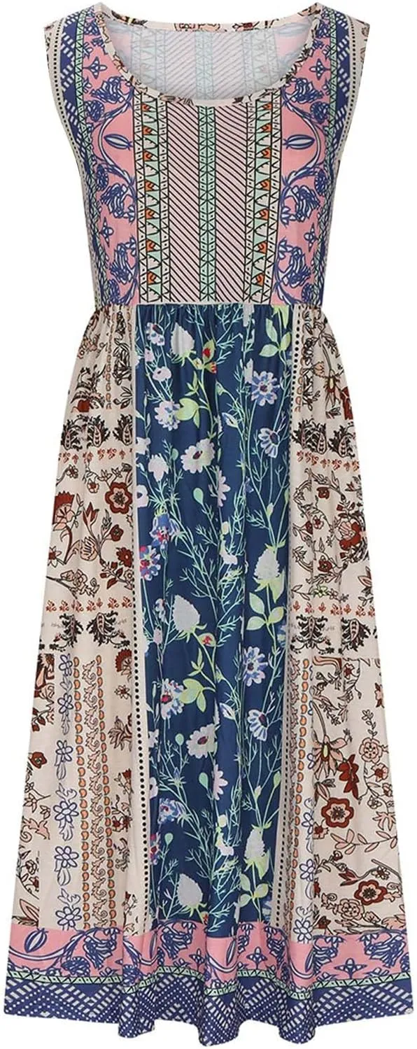 Summer Women Fashion Sundress Floral Printed Sleeveless Pleated Boho Dresses Casual Sexy Round Neck Beach Dress
