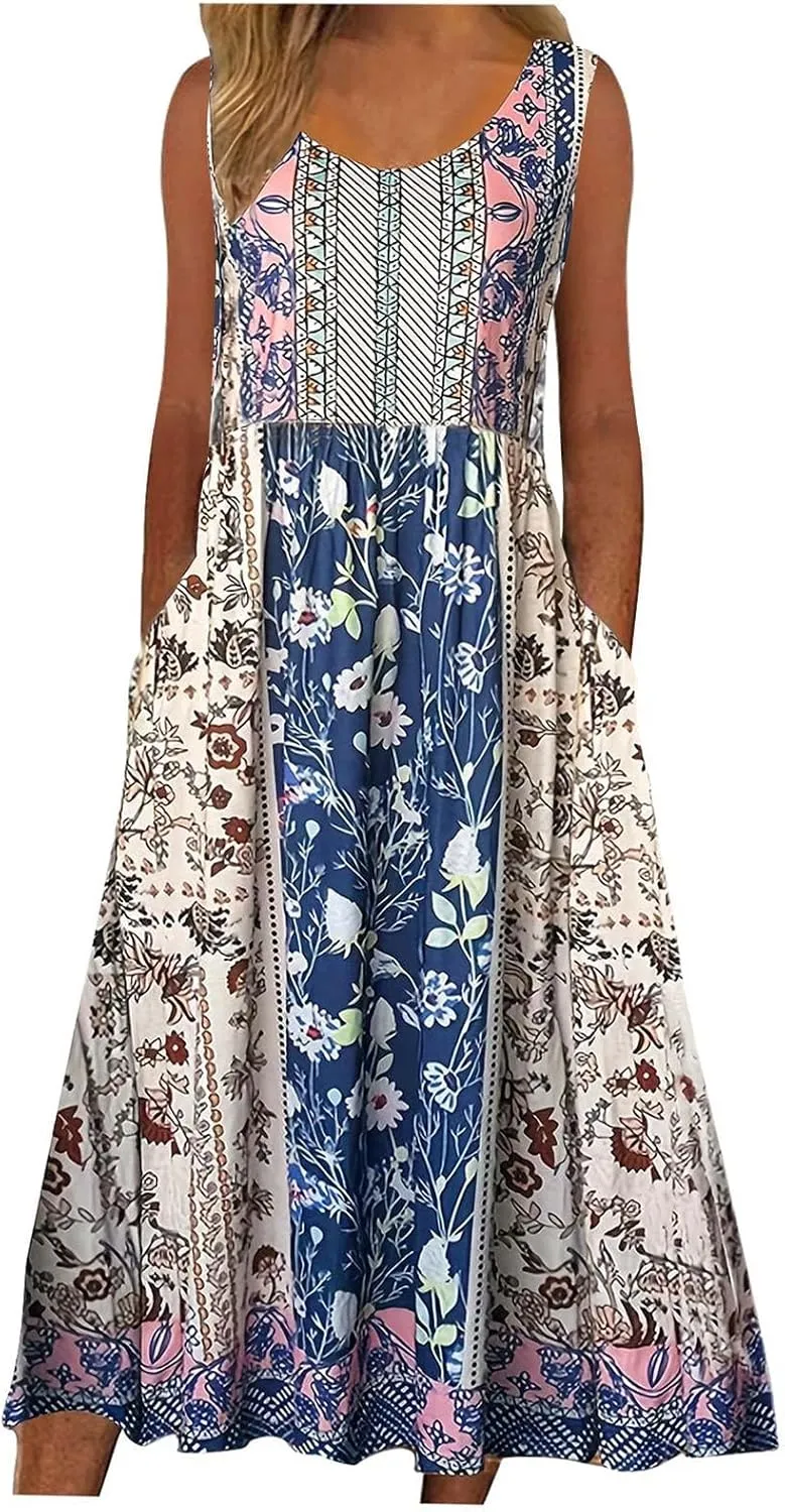 Summer Women Fashion Sundress Floral Printed Sleeveless Pleated Boho Dresses Casual Sexy Round Neck Beach Dress